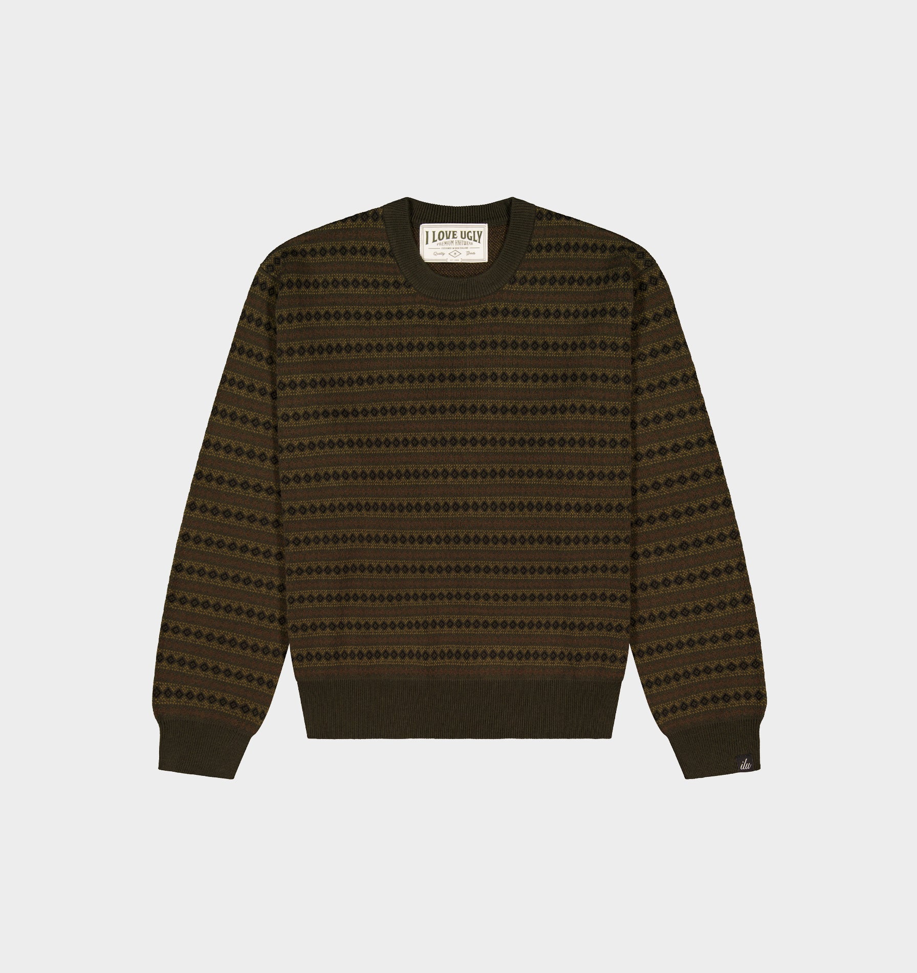 Mosaic Cropped Knit Sweater - Olive/Brown