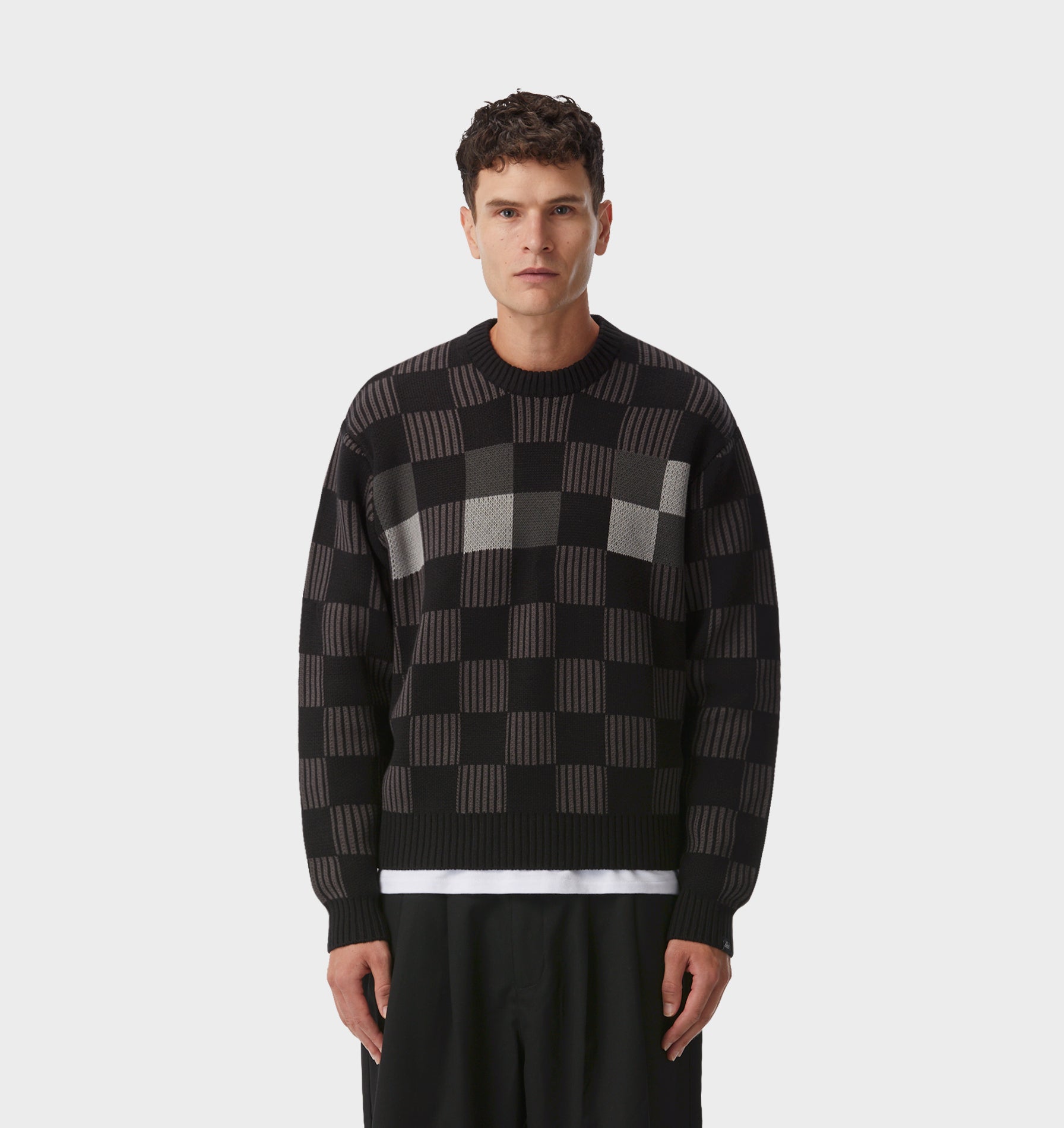 Checkerboard Knit Sweater - Charcoal