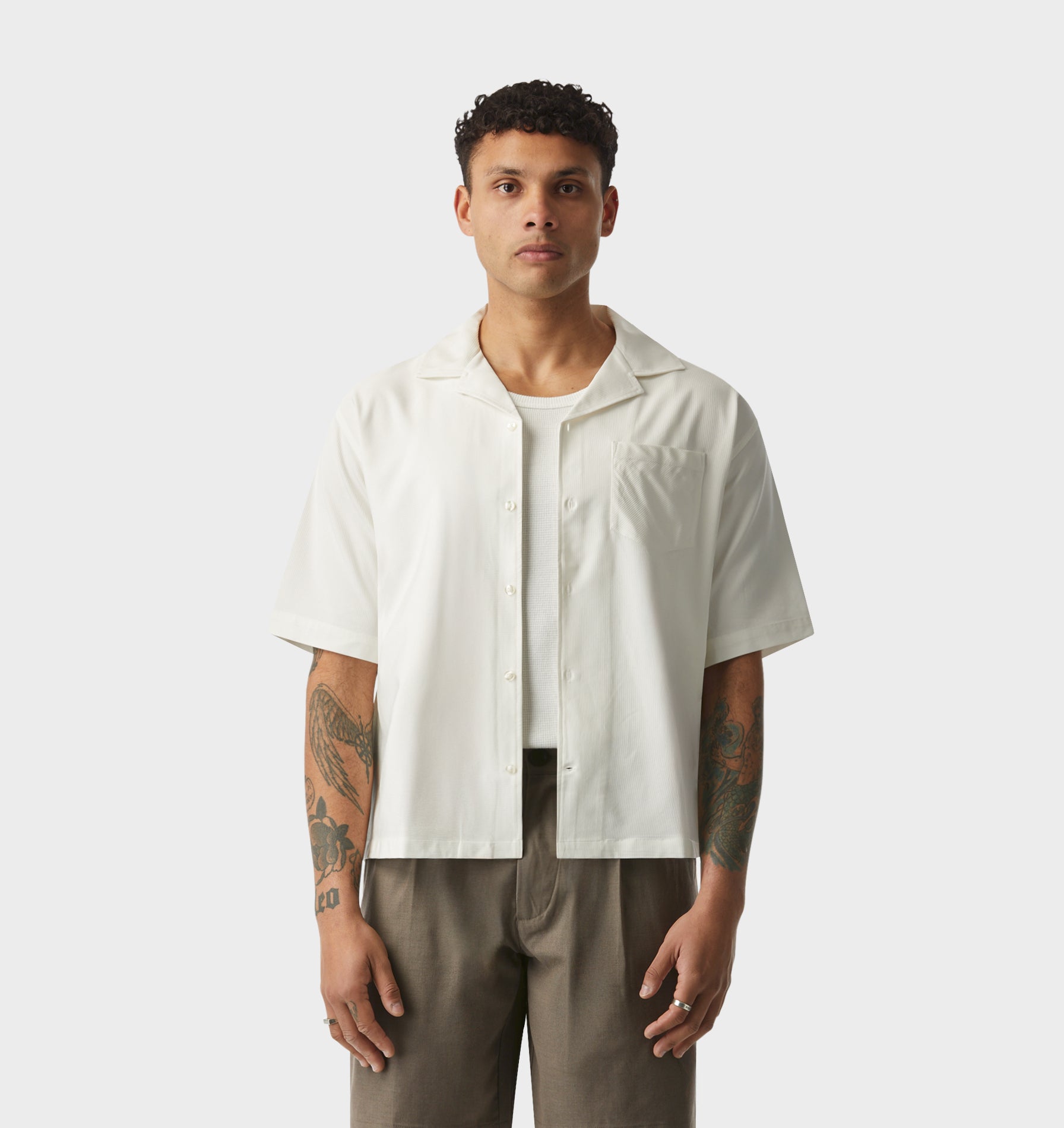 Textured Box Cuban Collar SS Shirt - White Stripe