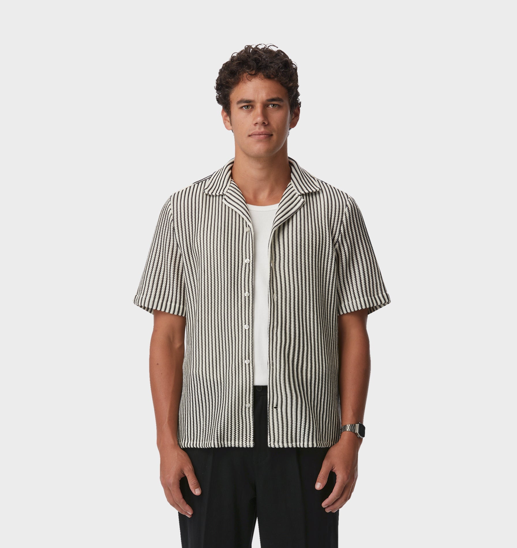 Men's Off White Abstract Cuban Collar Relaxed Fit Shirt