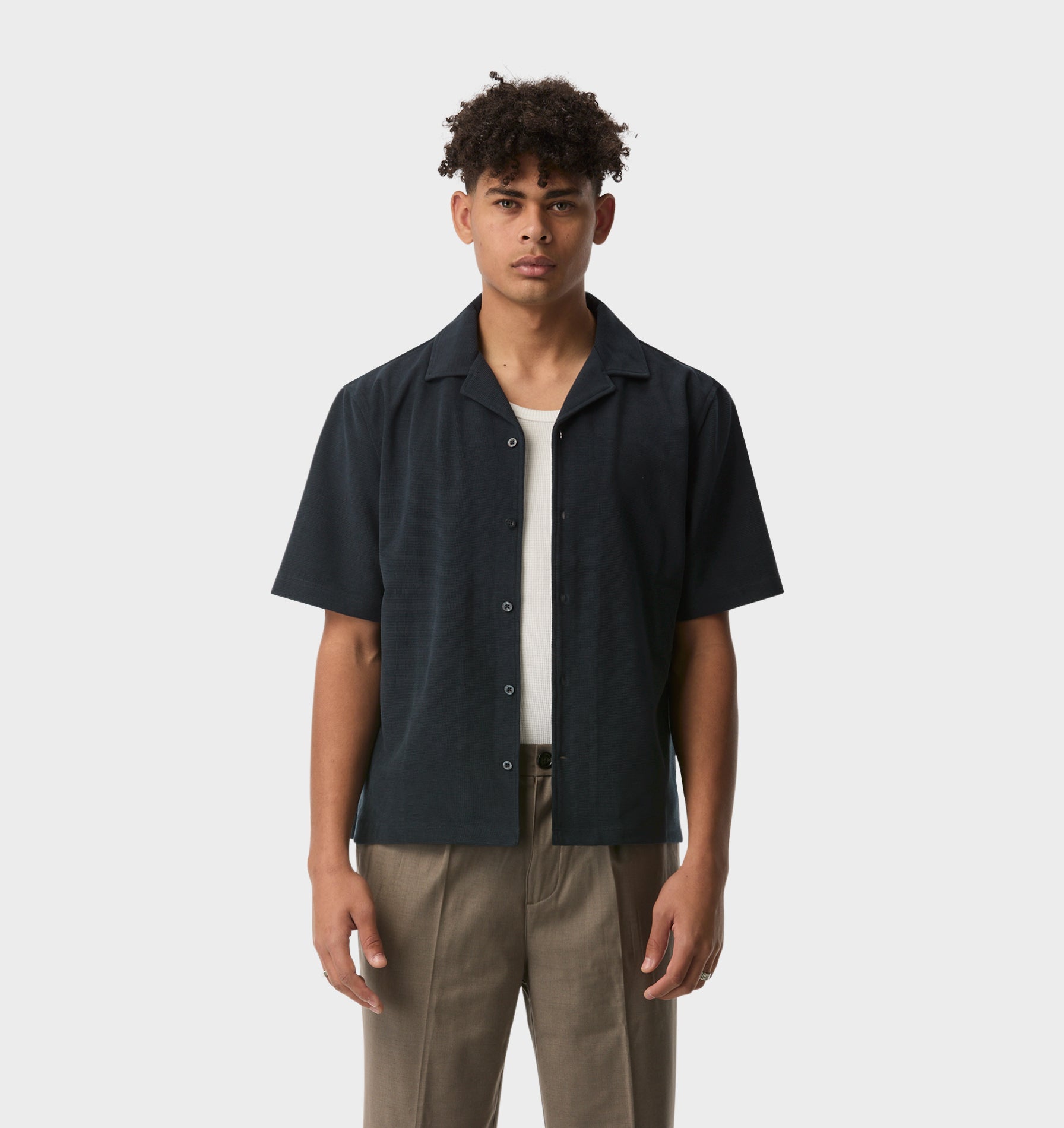 Waffle Box Cuban Collar SS Shirt - Dark Indigo