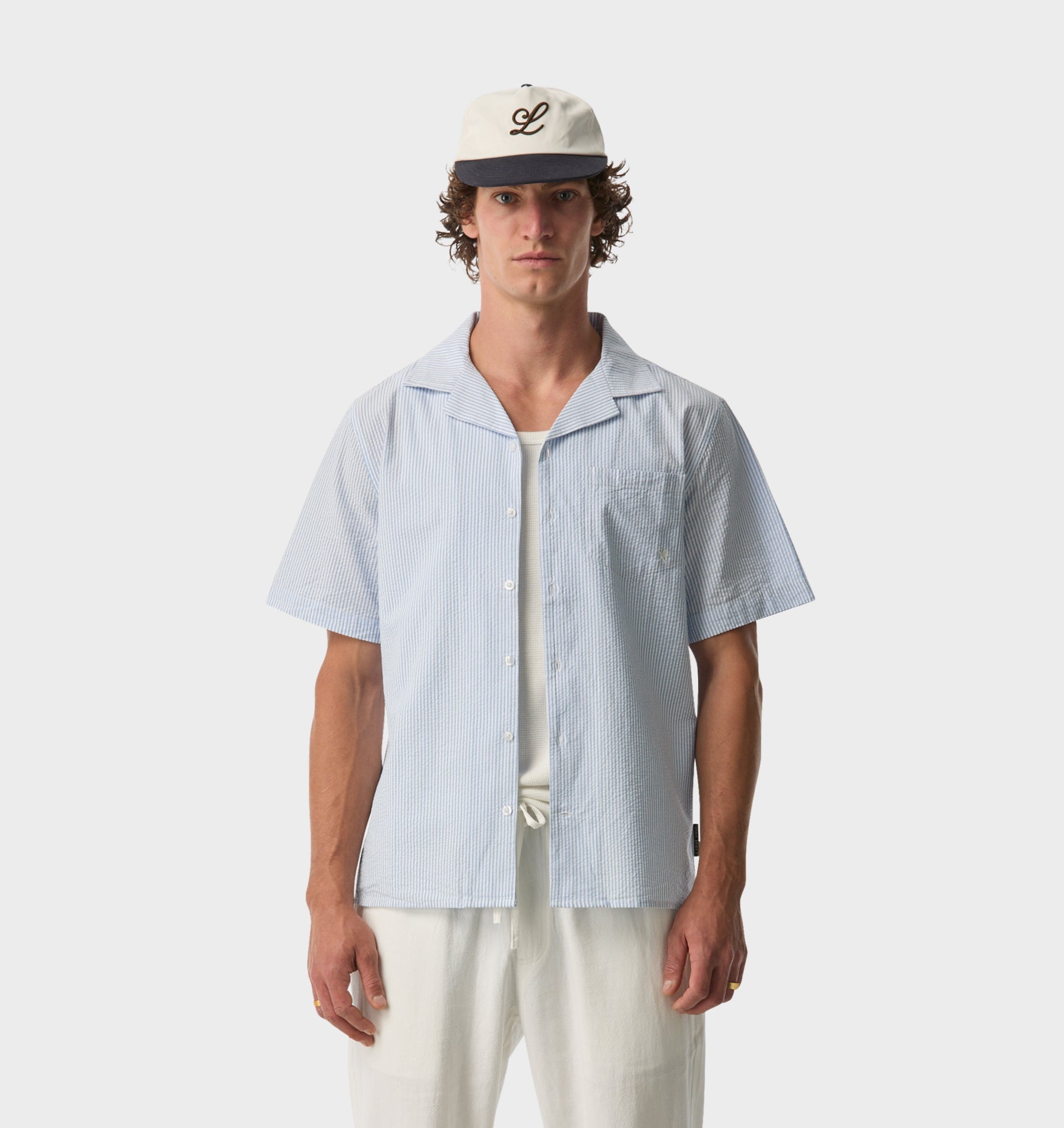 Cuban Collar SS Shirt - Blue Stripe