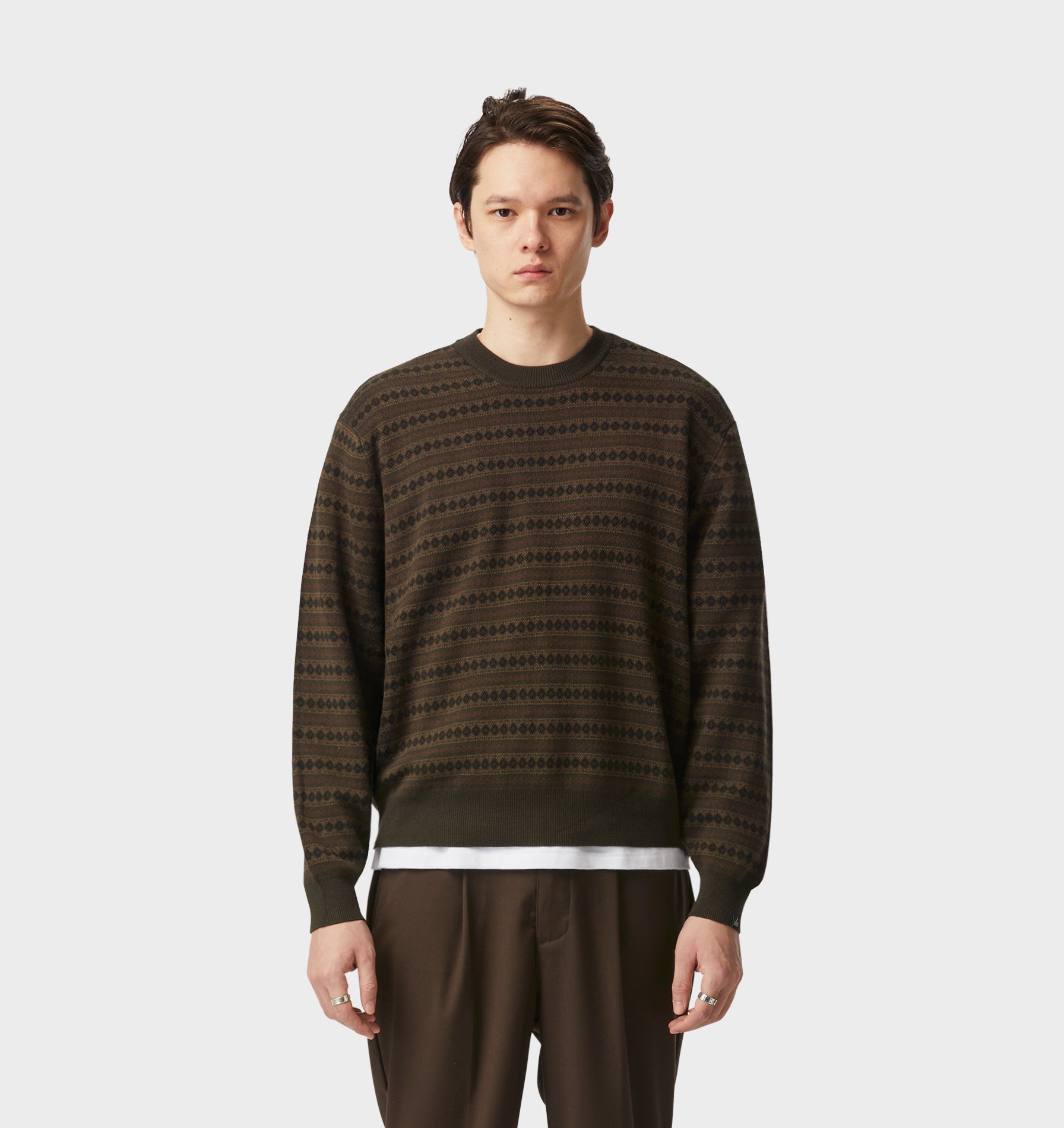 Mosaic Cropped Knit Sweater - Olive/Brown