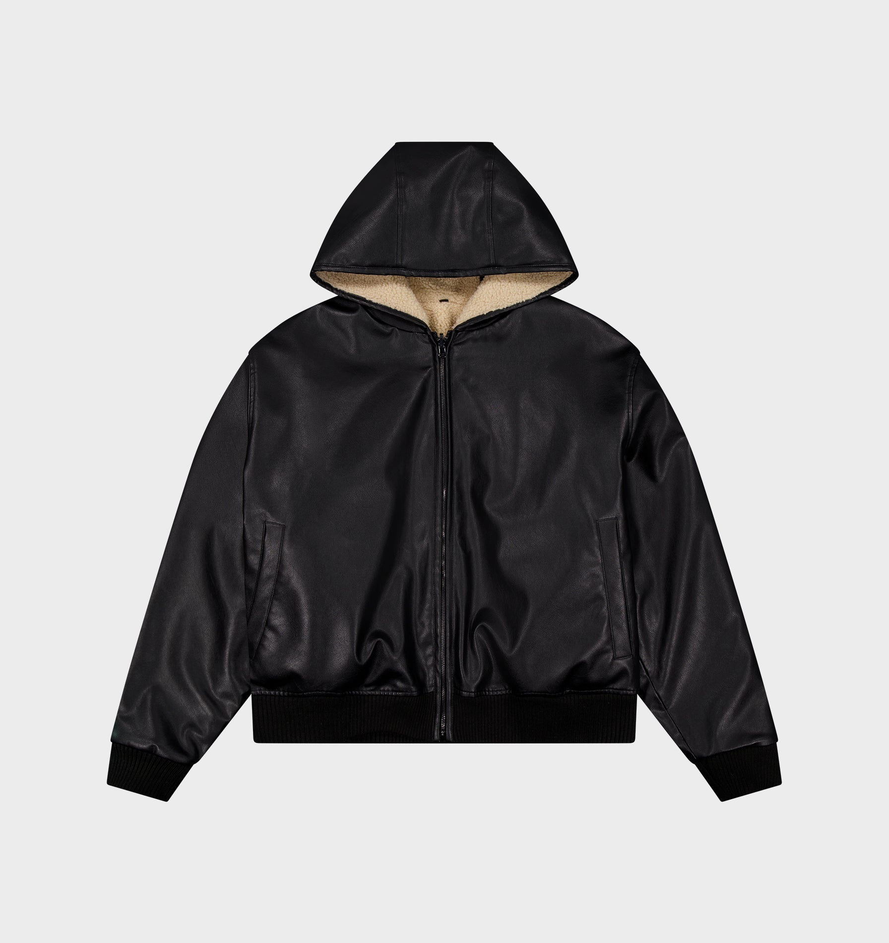 Faux Leather Hood Jacket - Black