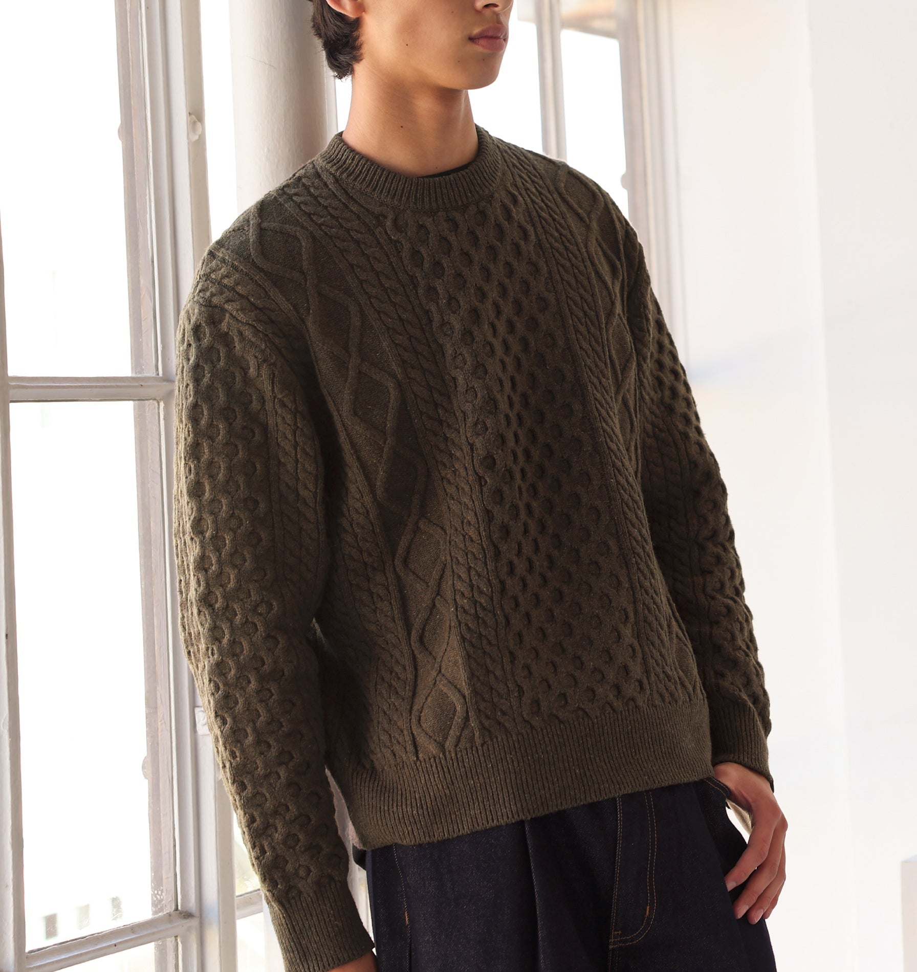Cable Crop Knit Sweater - Brown Fleck