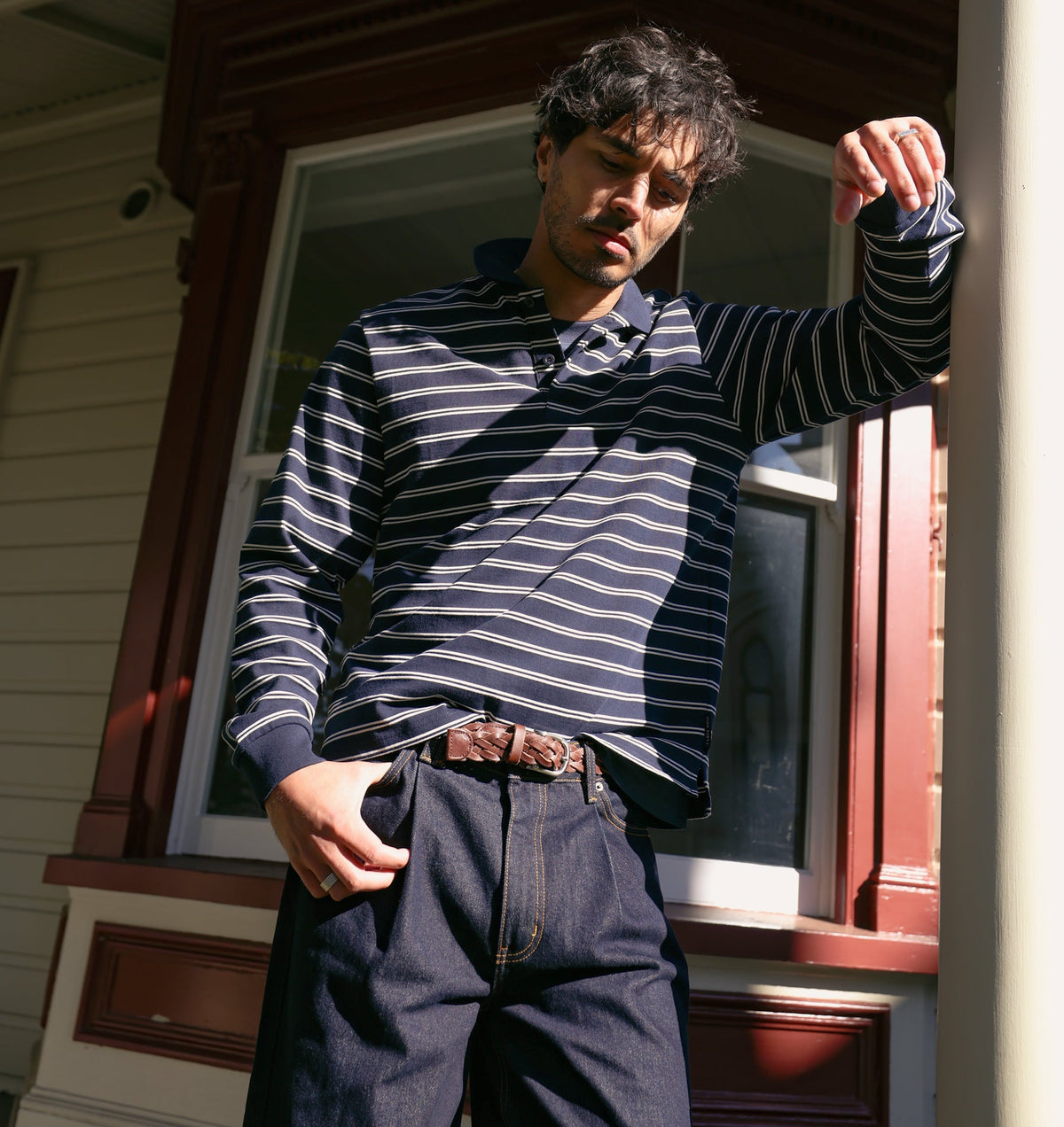 Polo LS Shirt - Navy/Off White Stripe