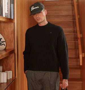 Wool Crop Knit Sweater - Black