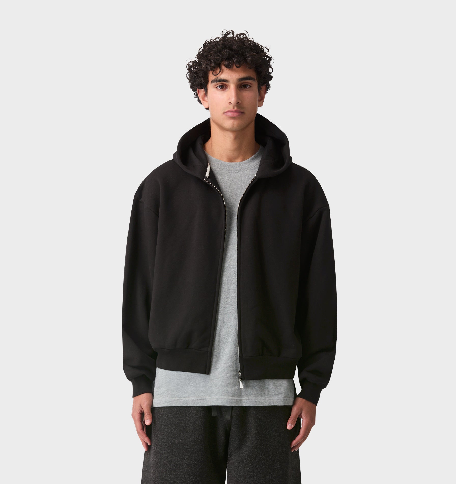 Heavy Crop Zip Hood - Black