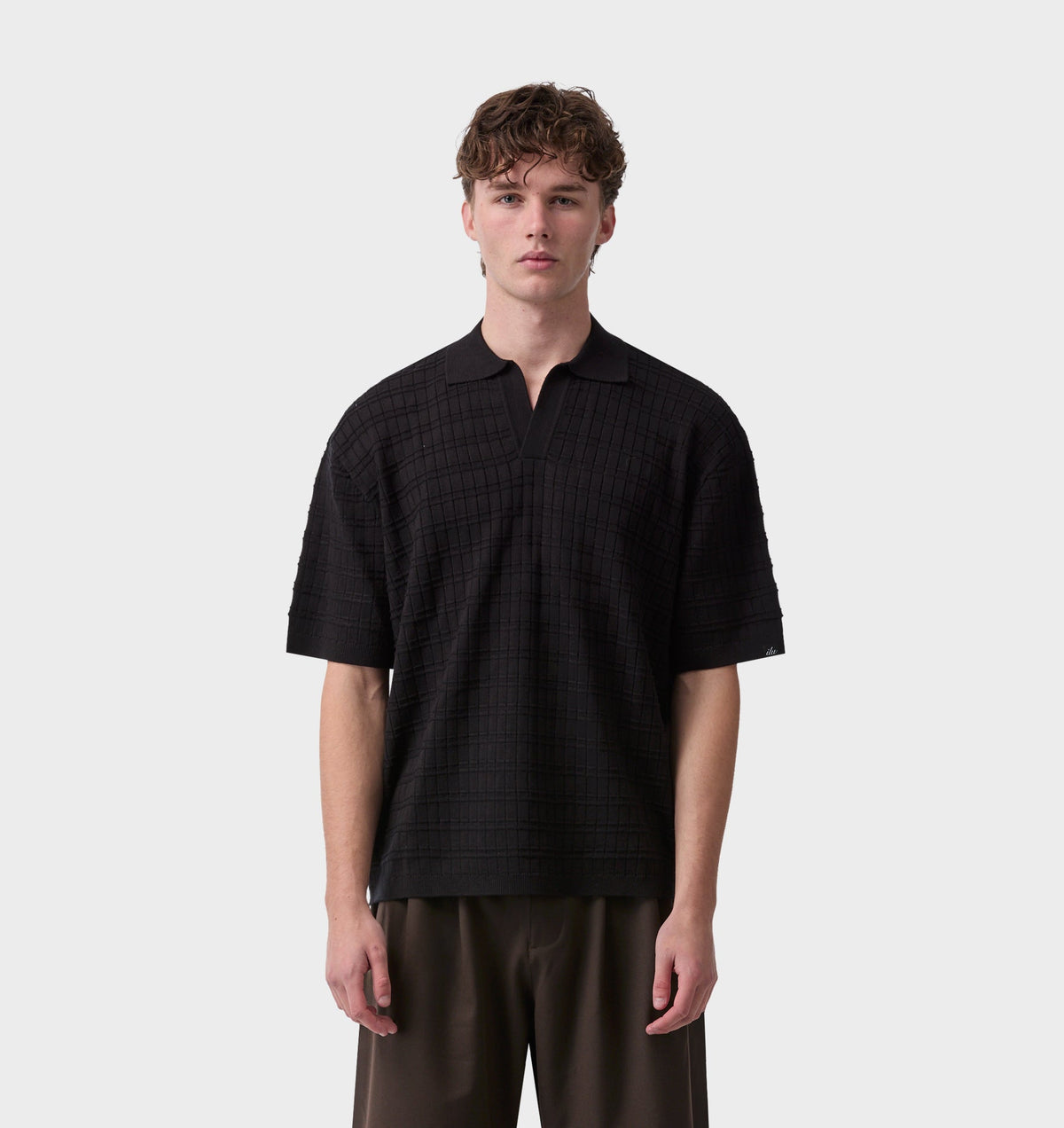 Grid Box Knit Polo - Black