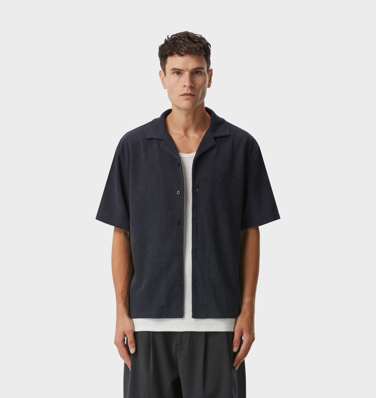 Waffle Box Cuban Collar SS Shirt - Indigo