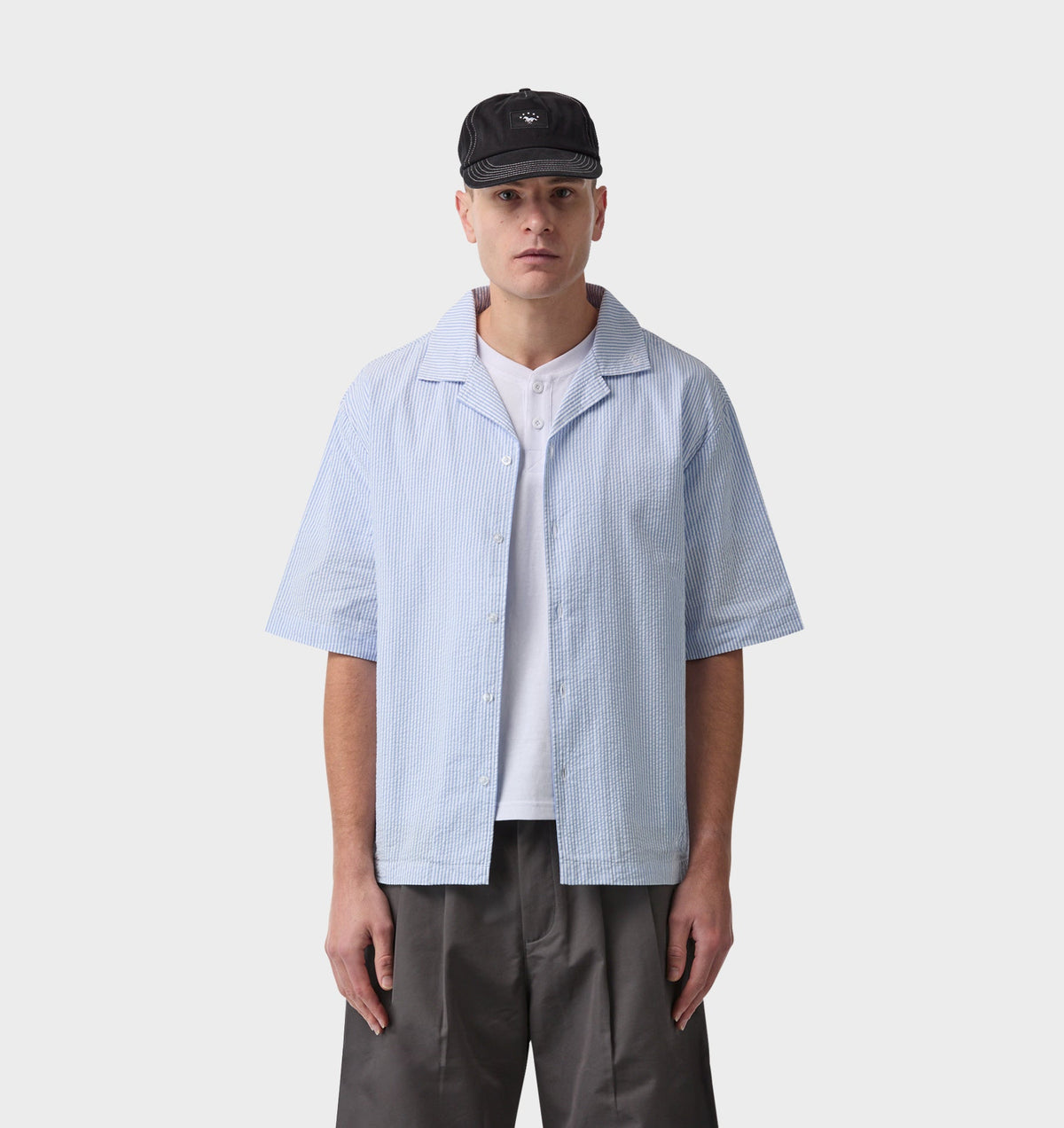 Box Cuban Collar Shirt - Blue/White Stripe