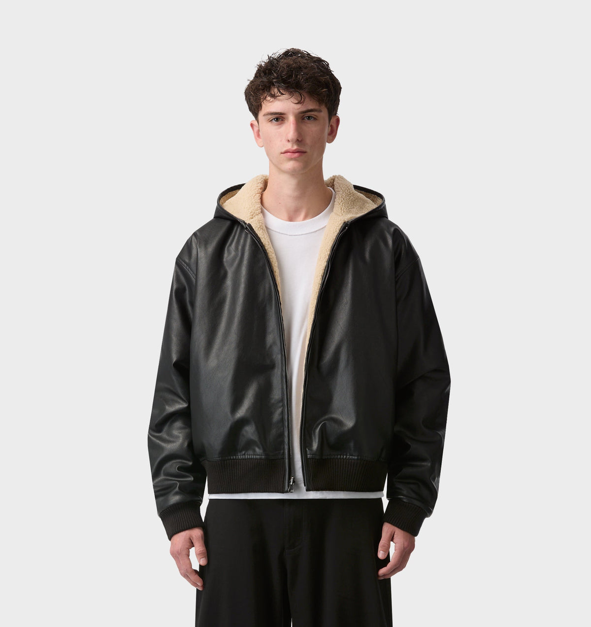 Faux Leather Hood Jacket - Black