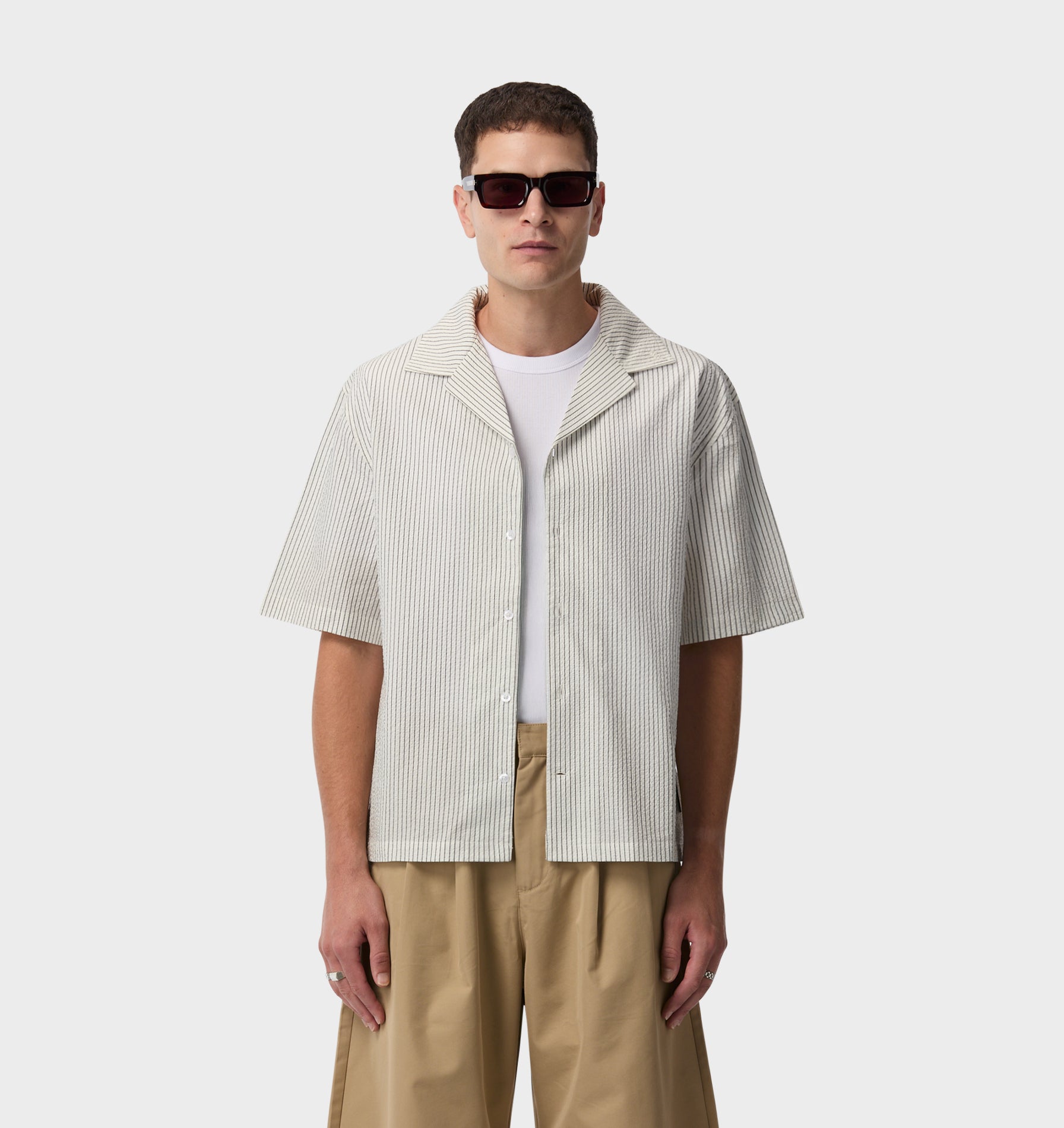 Box Cuban Collar Shirt - White/Black Stripe