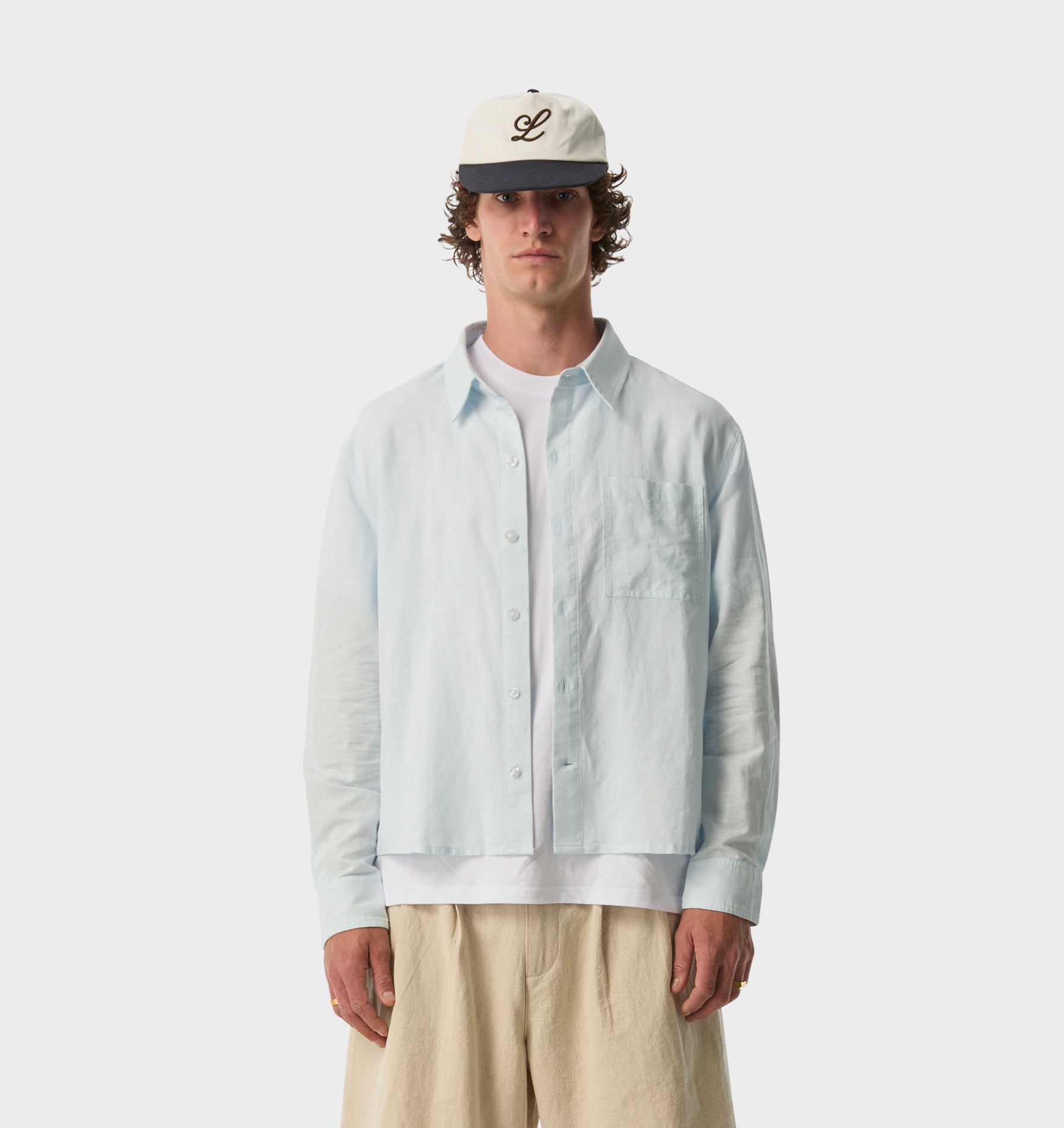 Linen Crop LS Shirt - Pale Blue