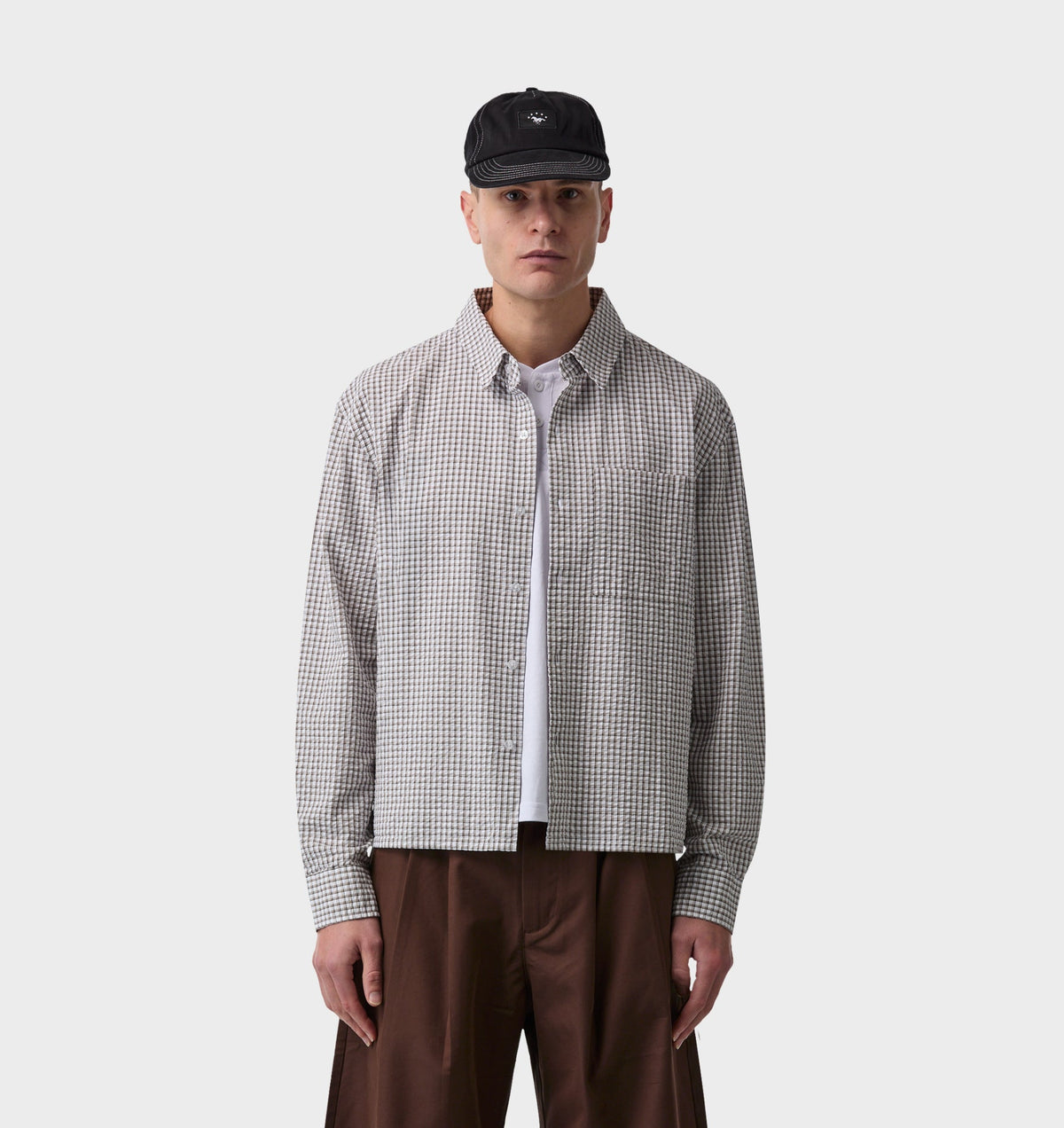 Crop LS Shirt - White/Sand Check