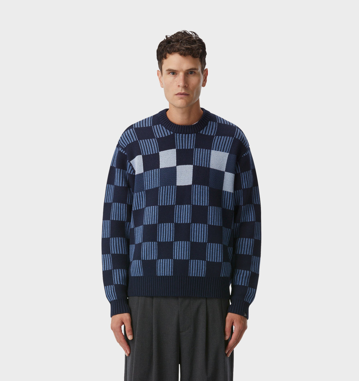 Checkerboard Knit Sweater - Navy
