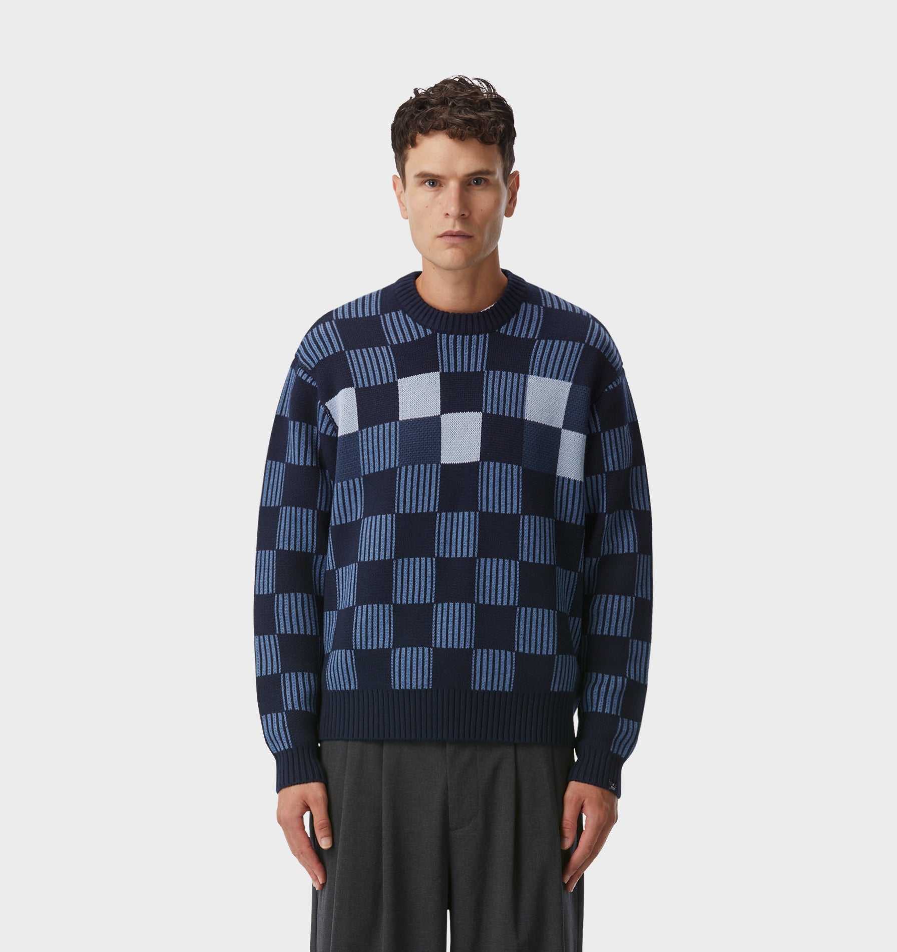 Checkerboard Knit Sweater - Navy
