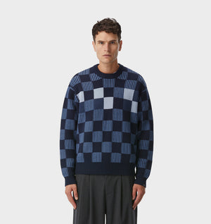 Checkerboard Knit Sweater - Navy