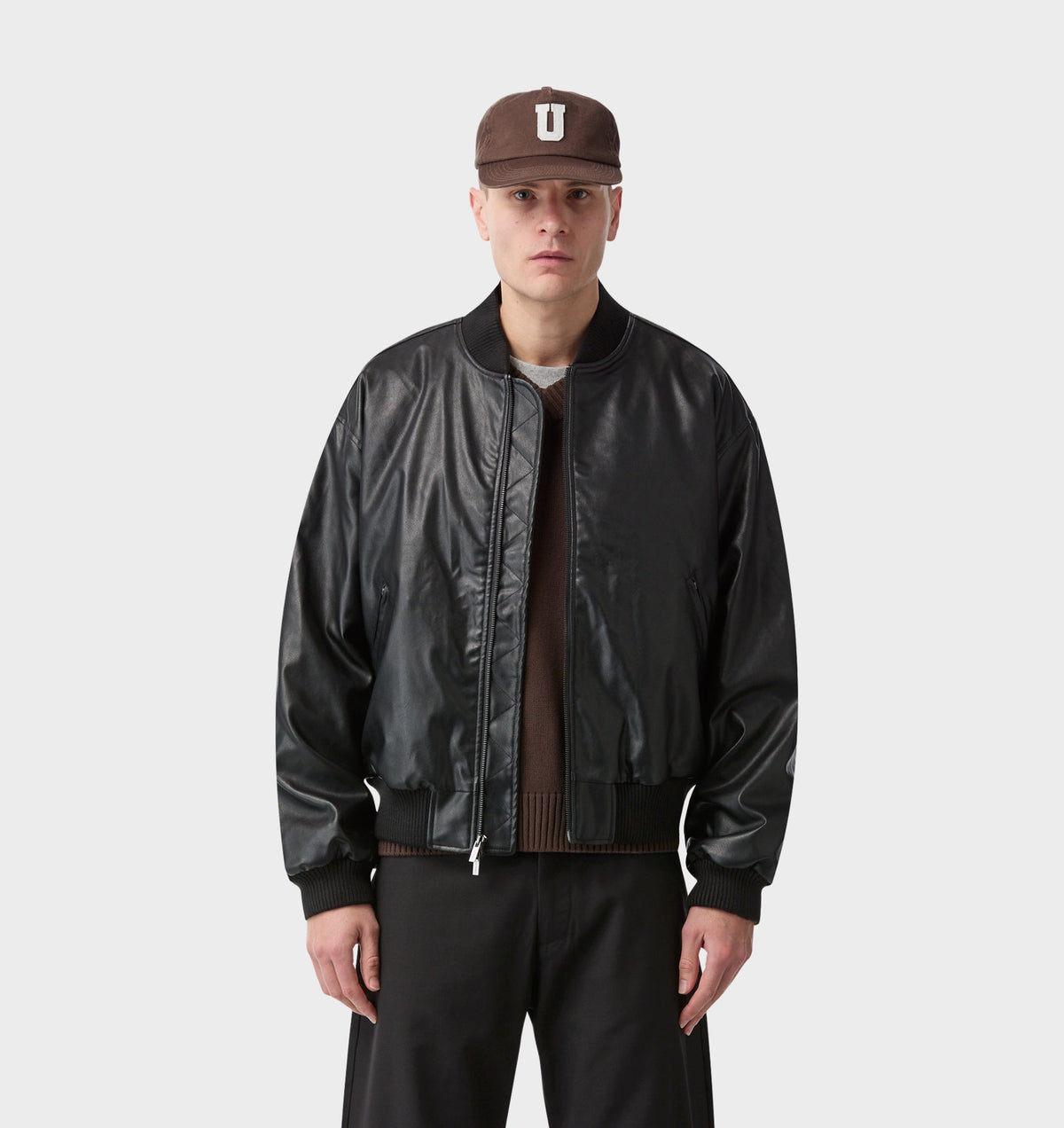 Faux Leather Bomber Jacket - Black