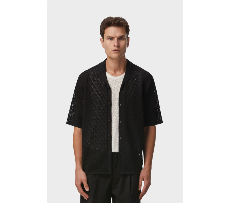 Lace Knit Cuban Collar SS Shirt - Black
