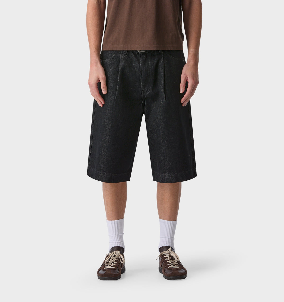 Wide Leg Pleat Denim Short - Black