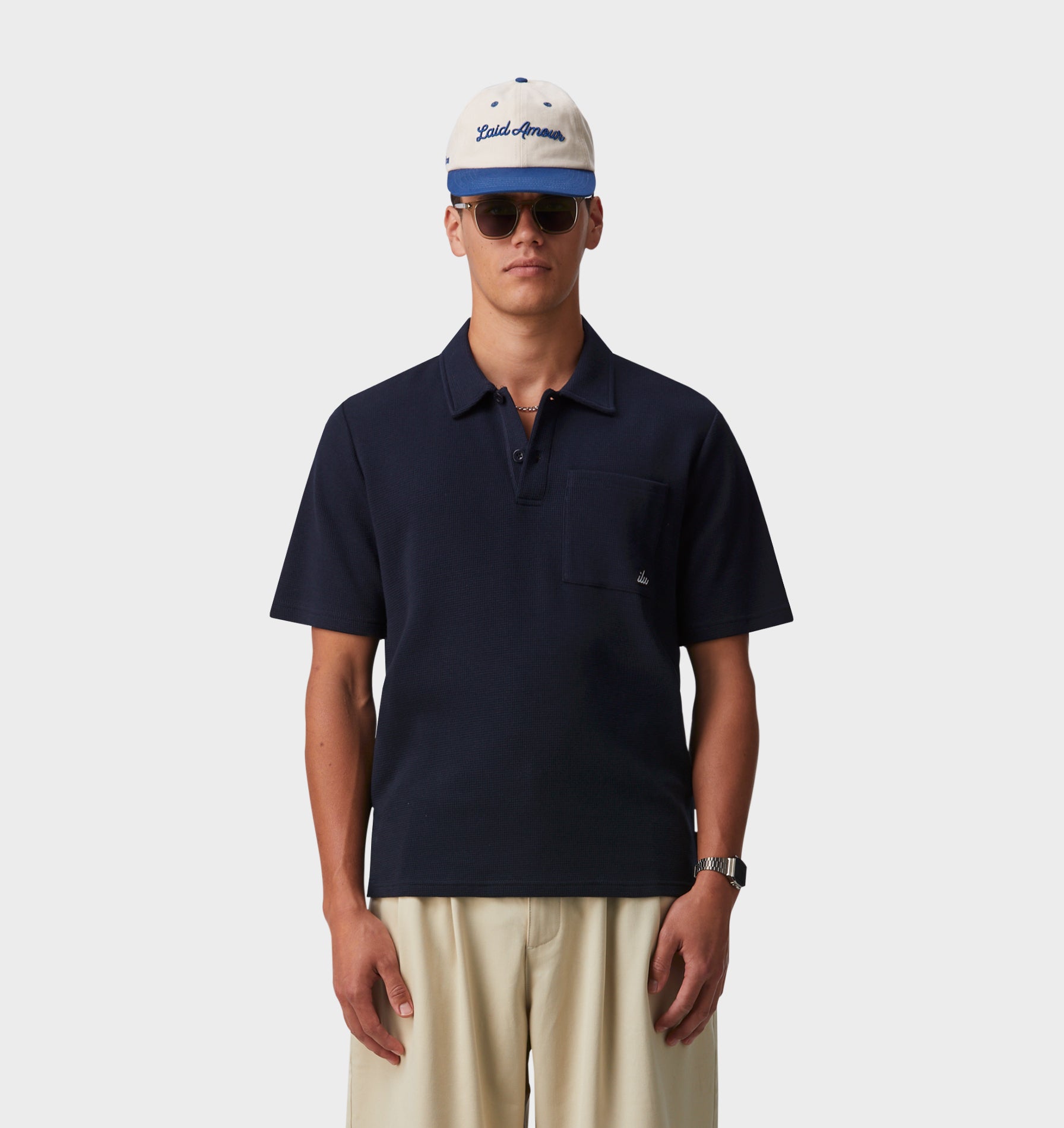 Waffle SS Polo Shirt - Navy