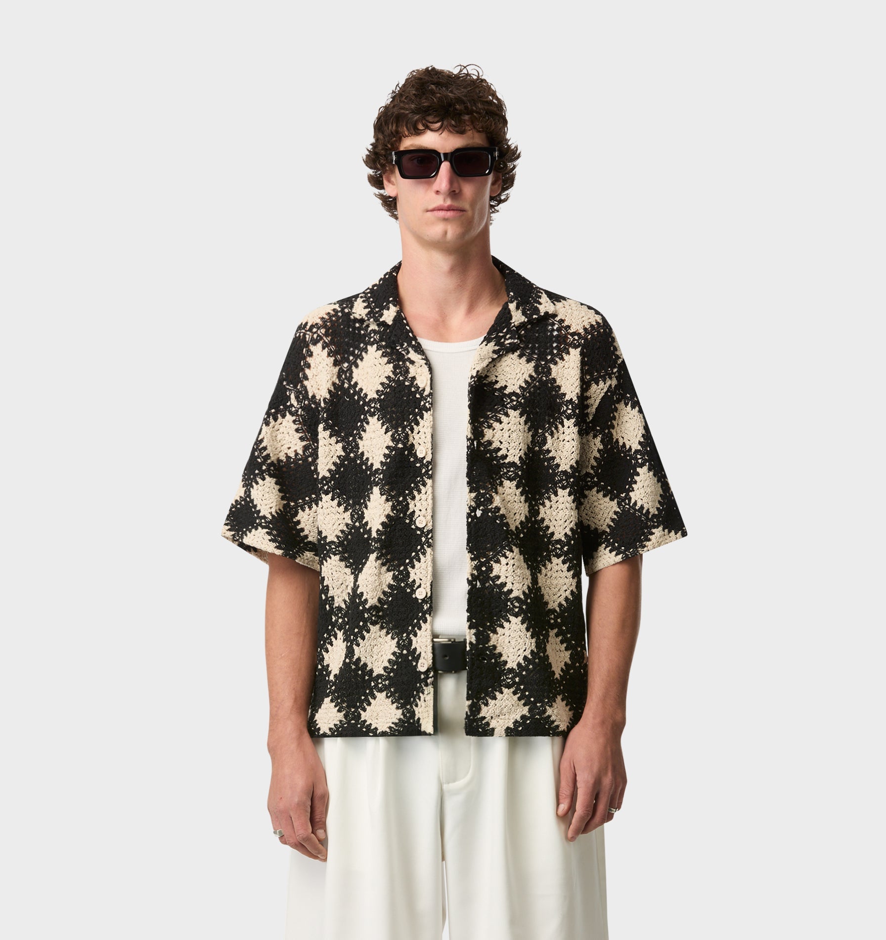Crochet Box Cuban Collar SS Shirt - Off White/Black