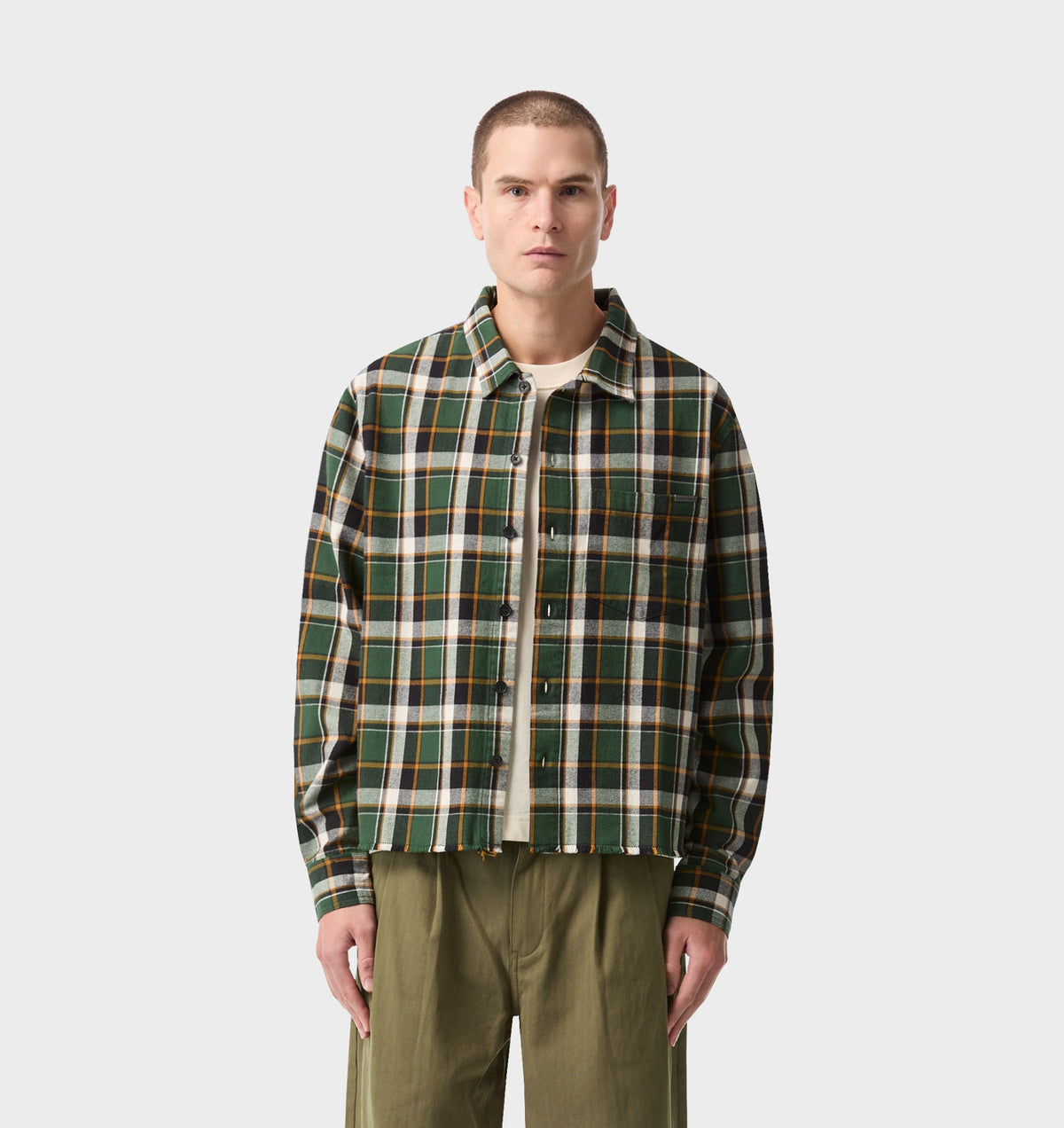 Raw Hem Check Overshirt - Forest Green/Yellow