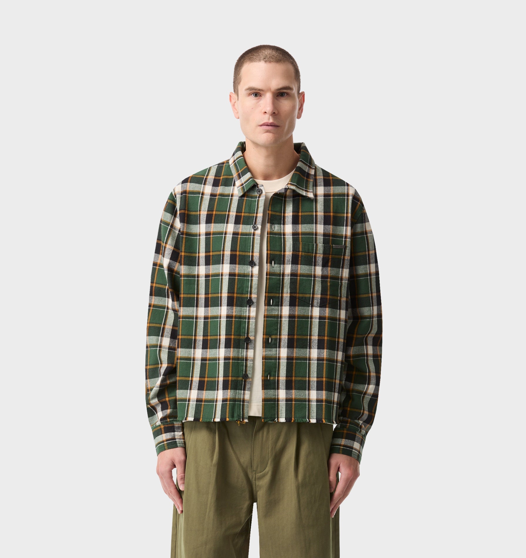 Raw Hem Check Overshirt - Forest Green/Yellow
