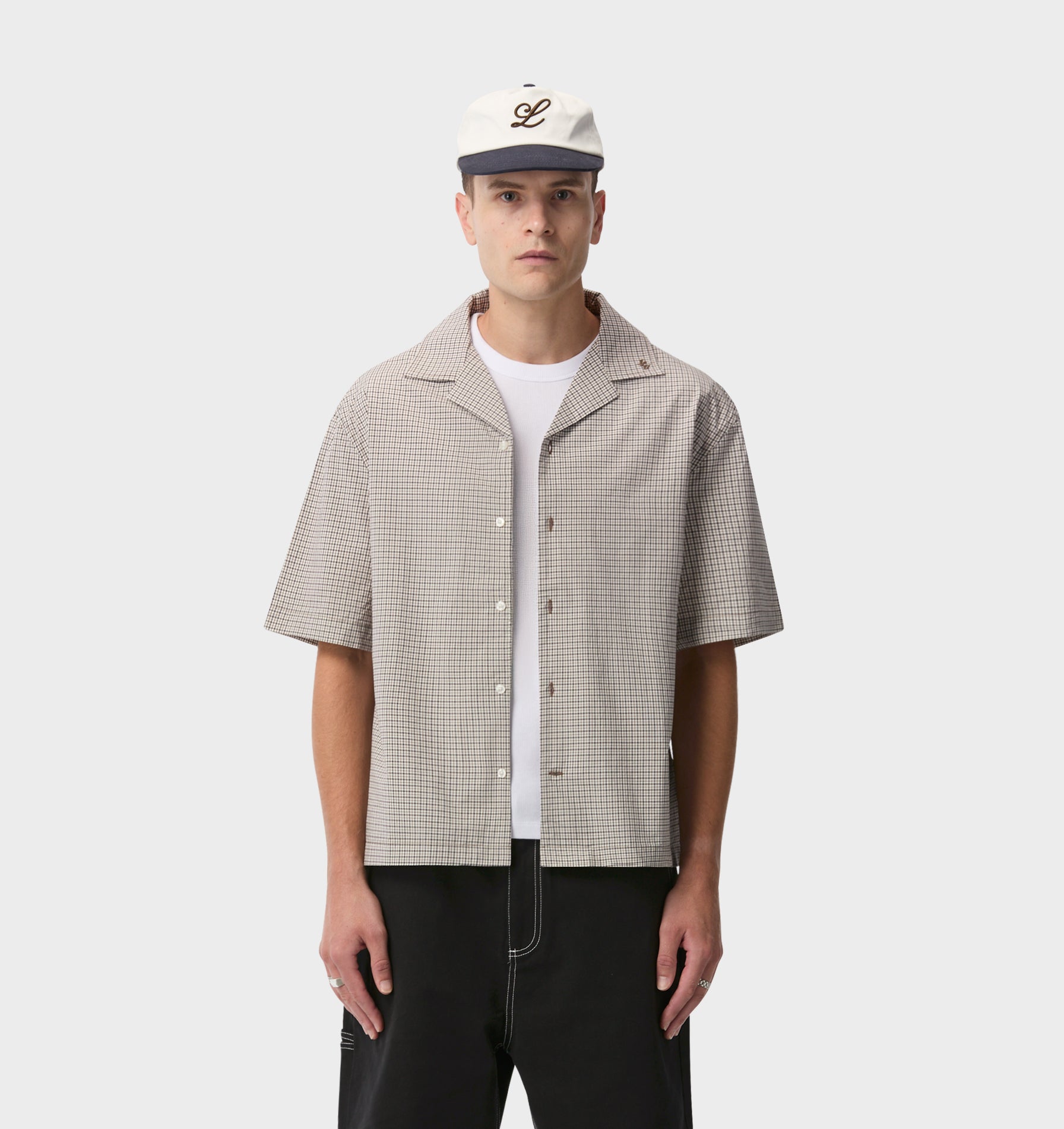 Box Cuban Collar Shirt - White/Brown Check