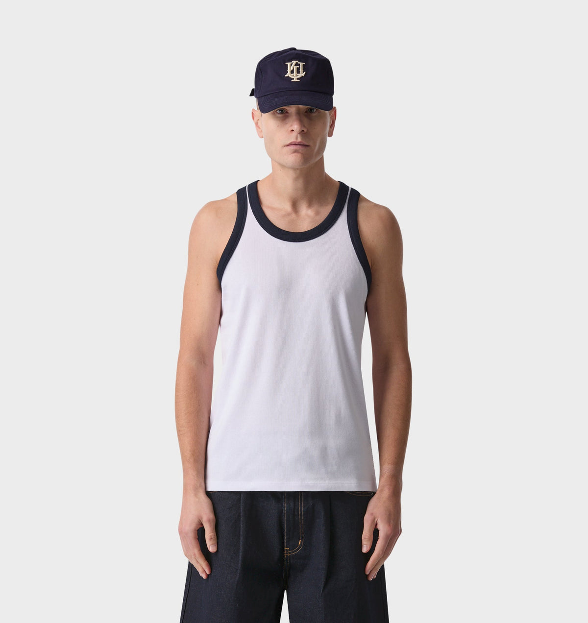 Ribbed Slim Tank - White/Navy