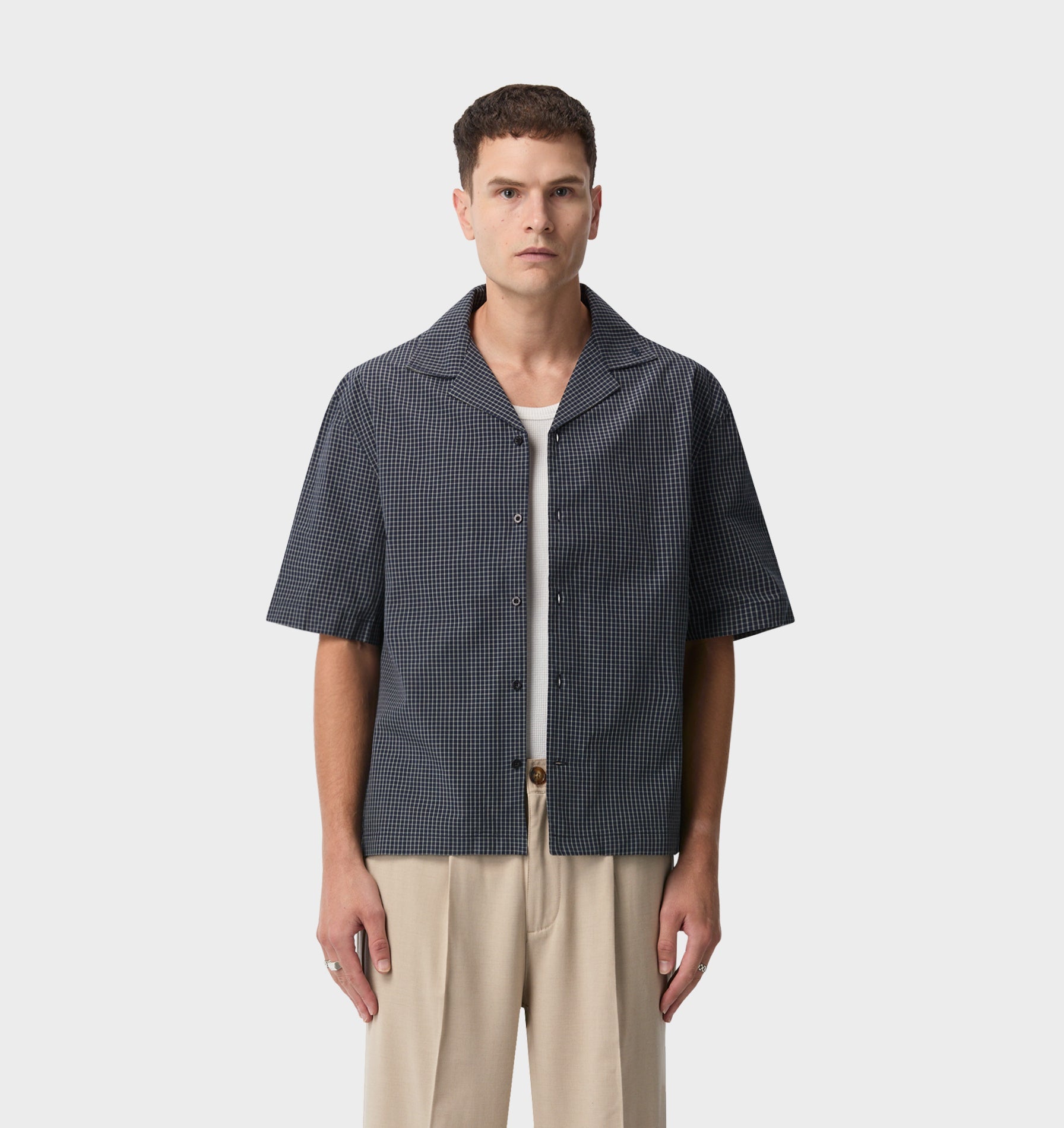 Box Cuban Collar Shirt - Navy Check