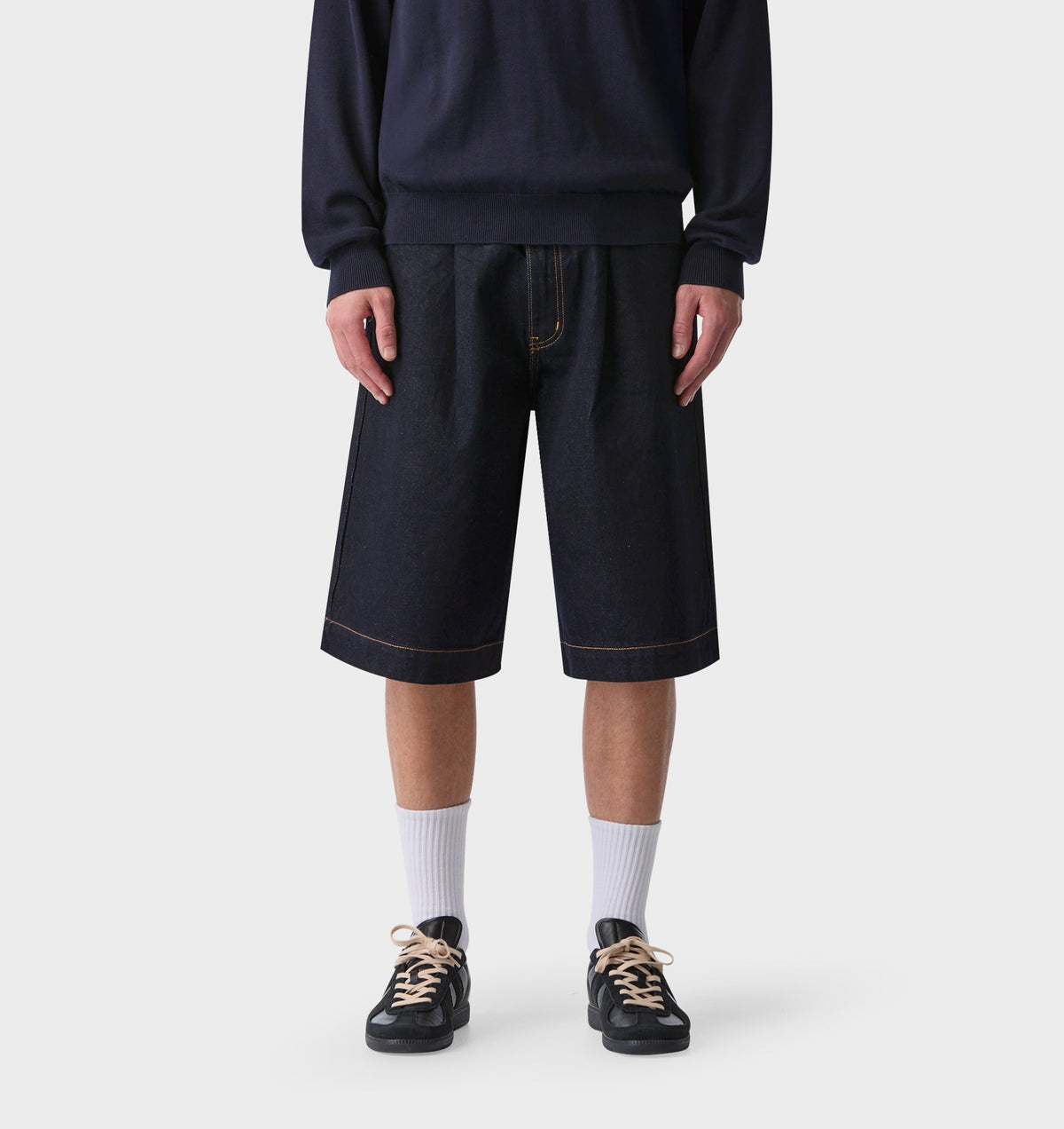 Wide Leg Pleat Denim Short - Indigo