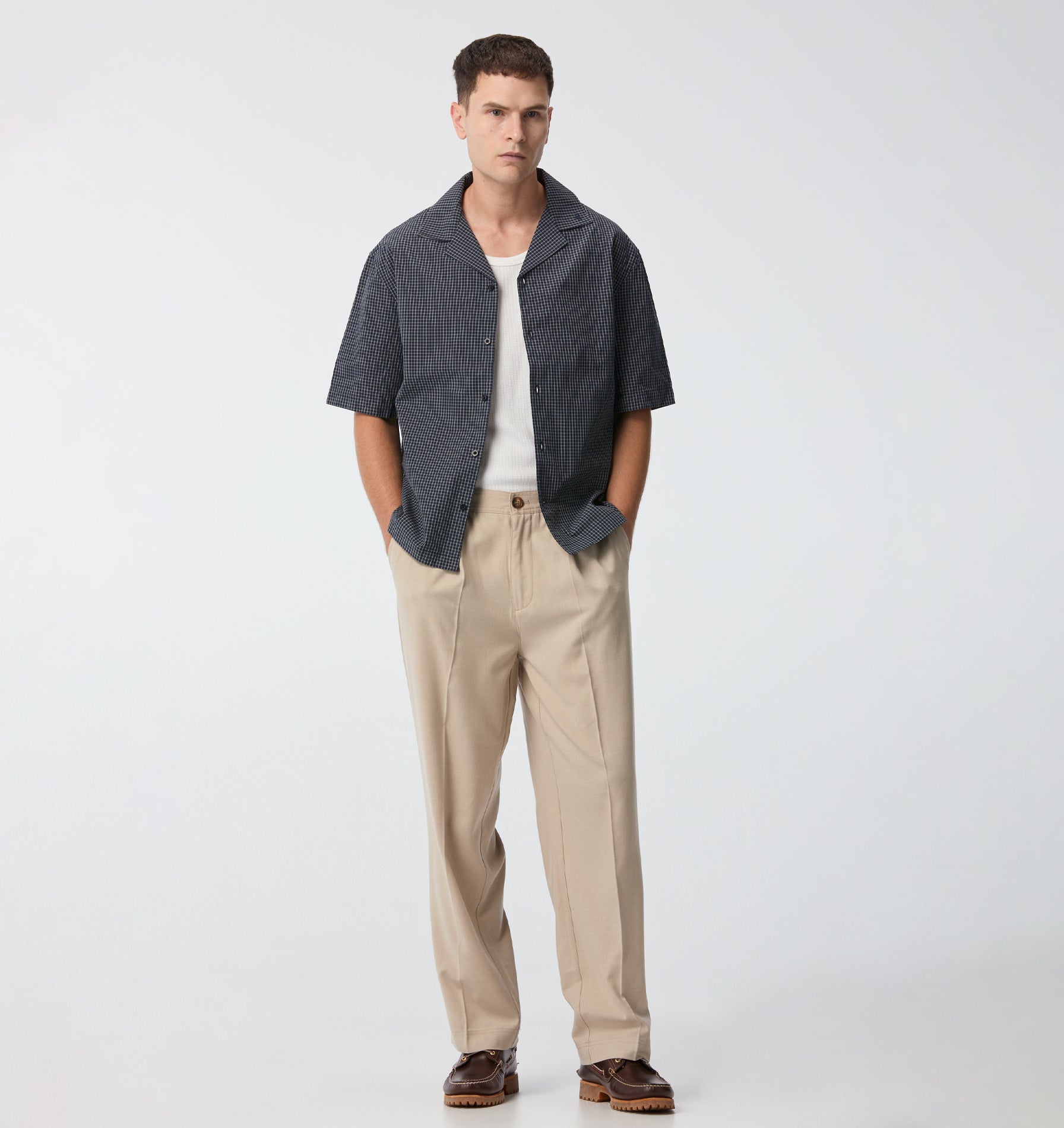 Box Cuban Collar Shirt - Navy Check