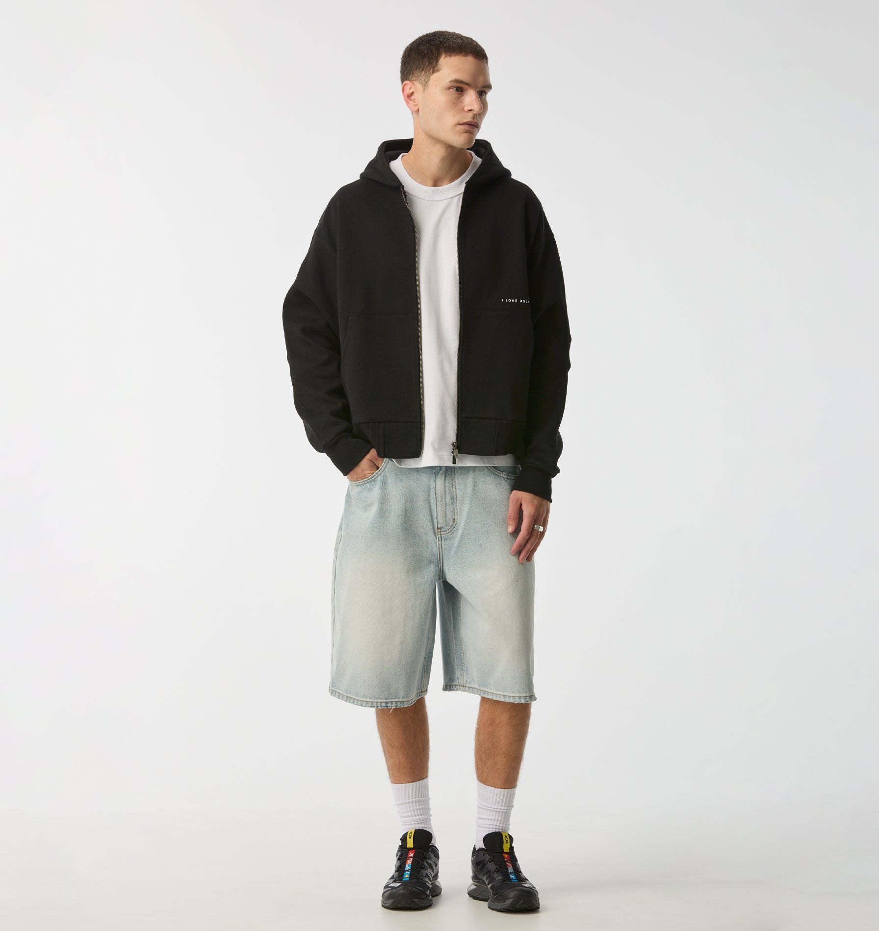 Crop Box Zip Hood - Black