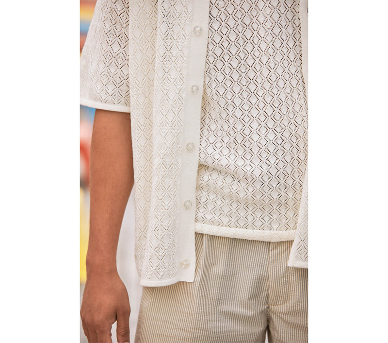 Lace Knit Cuban Collar SS Shirt - White