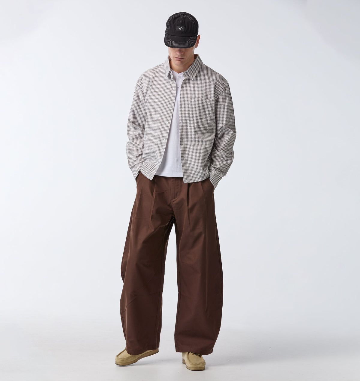 Crop LS Shirt - White/Sand Check