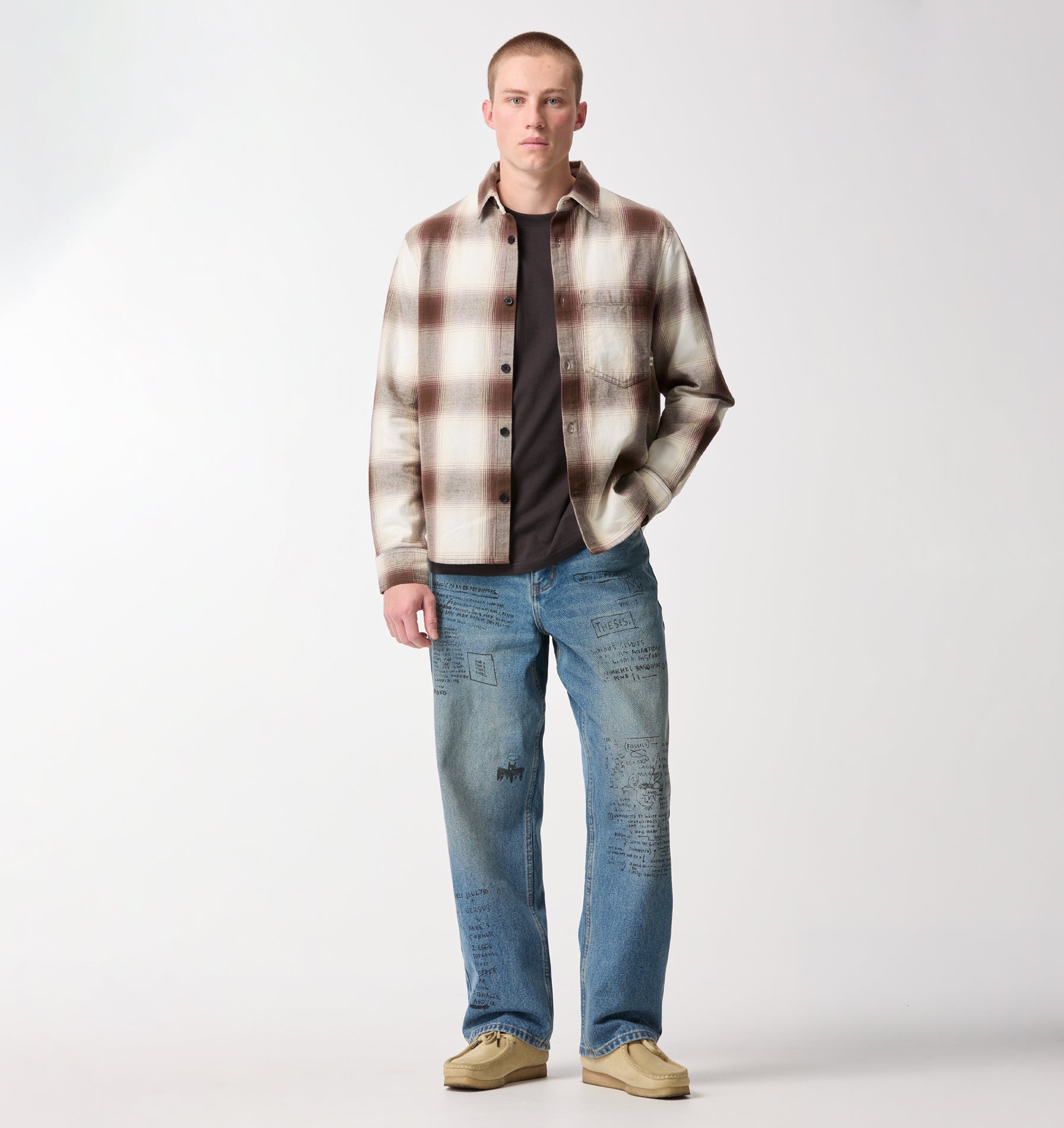 Basquiat Flannel LS Shirt - Off White/Brown Check