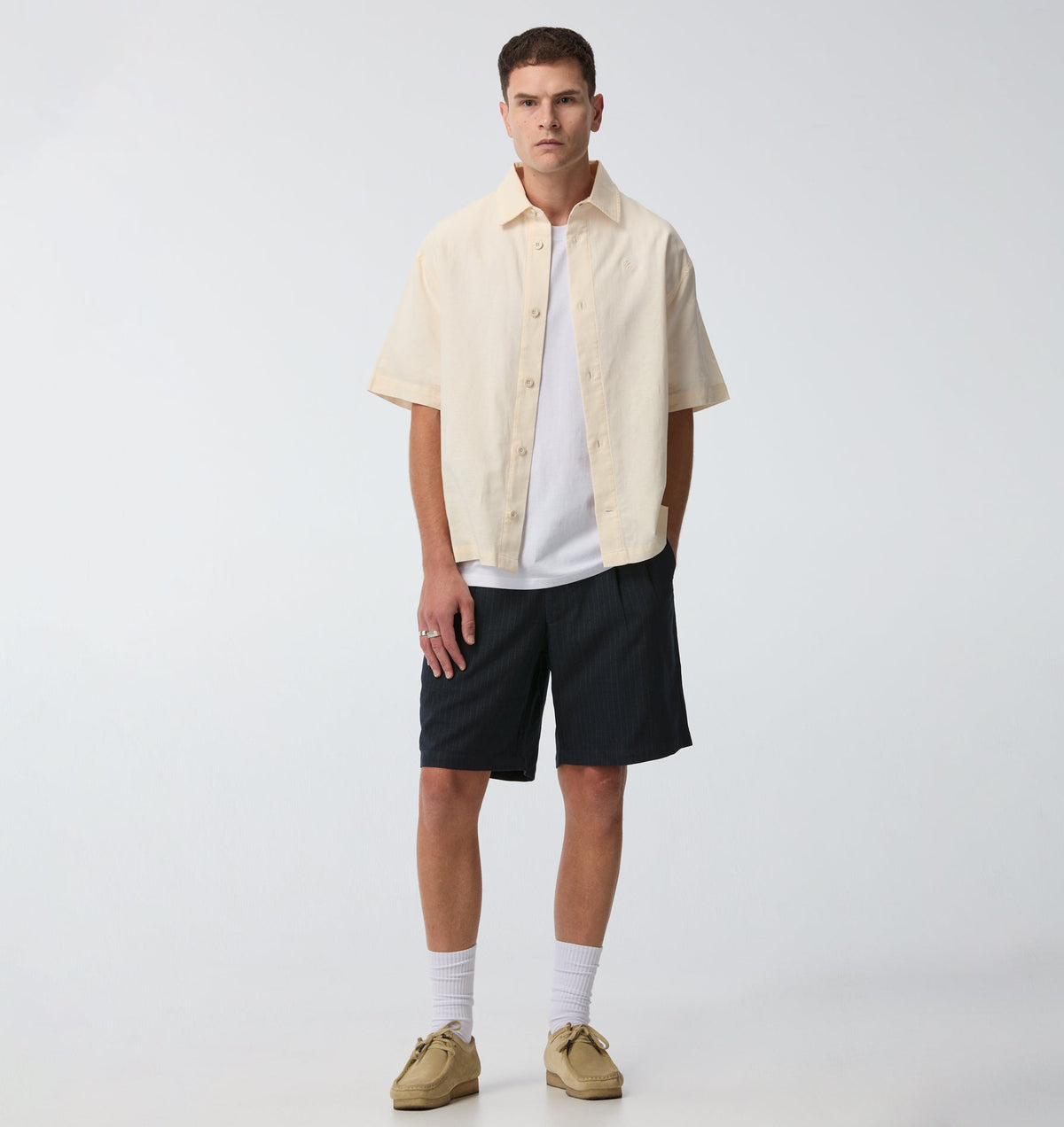 Quincy Pleated Short - Navy Pinstripe
