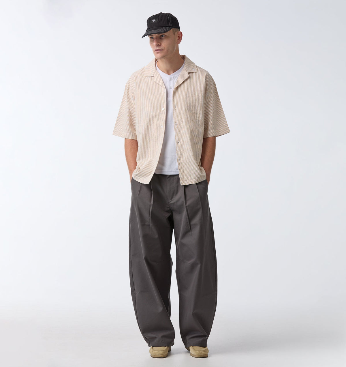 Box Cuban Collar Shirt - Mustard/White Stripe