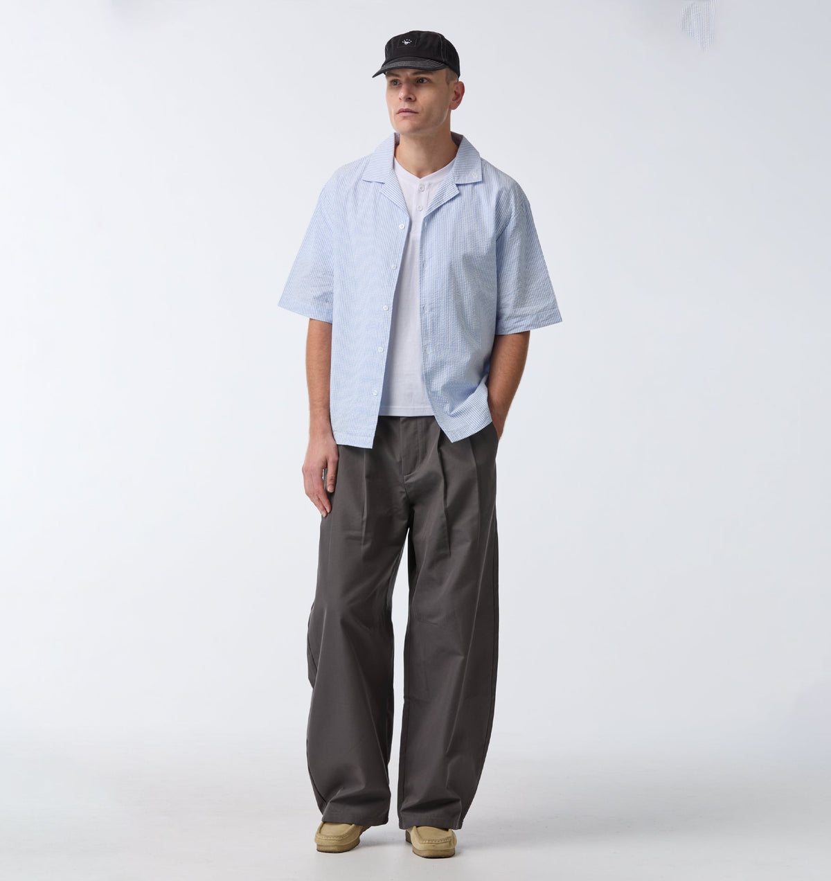 Box Cuban Collar Shirt - Blue/White Stripe