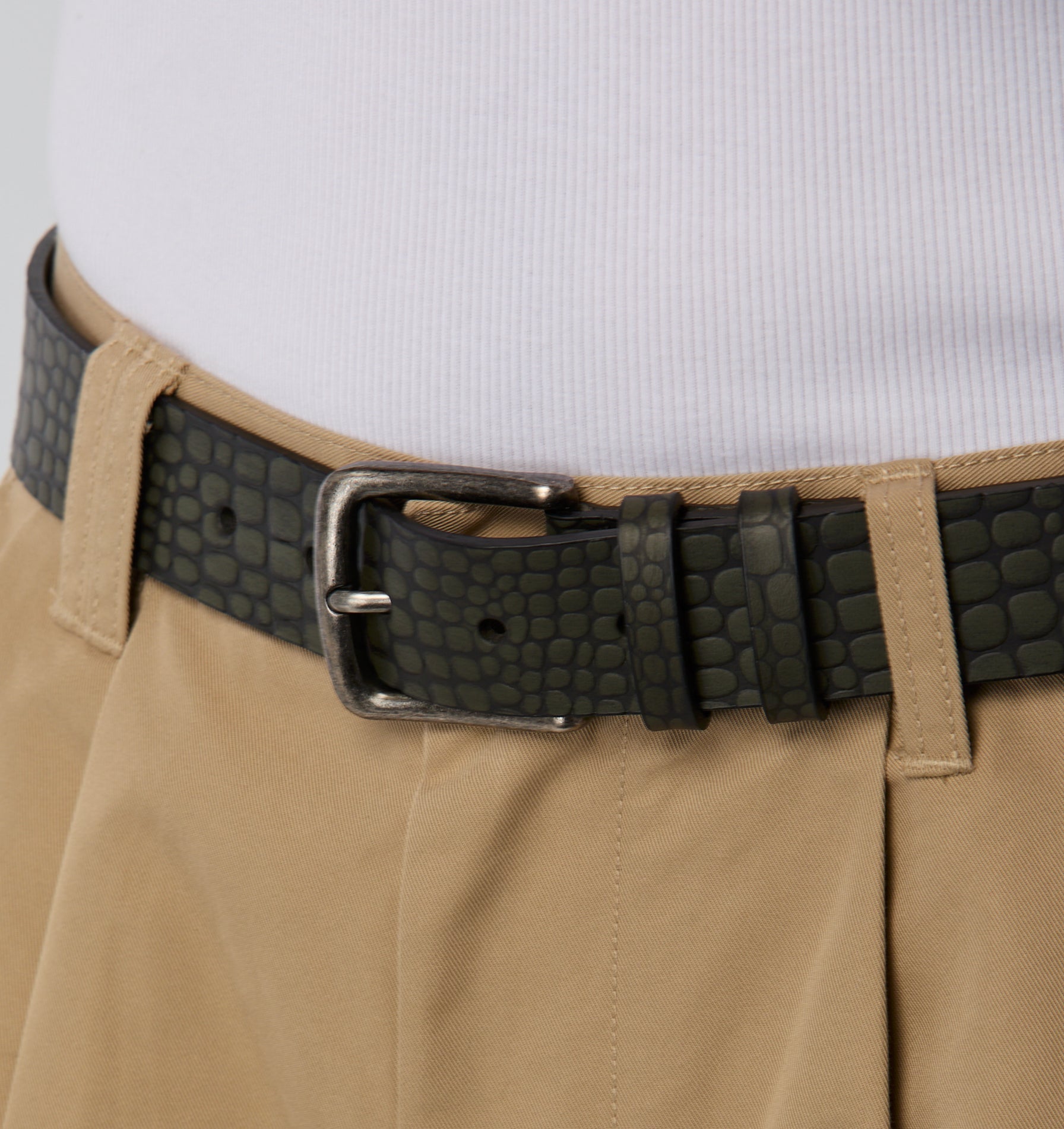 Embossed Reptile Leather Belt - Olive