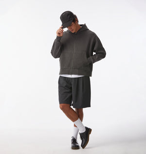 Cropped Zip Up Hood - Washed Black