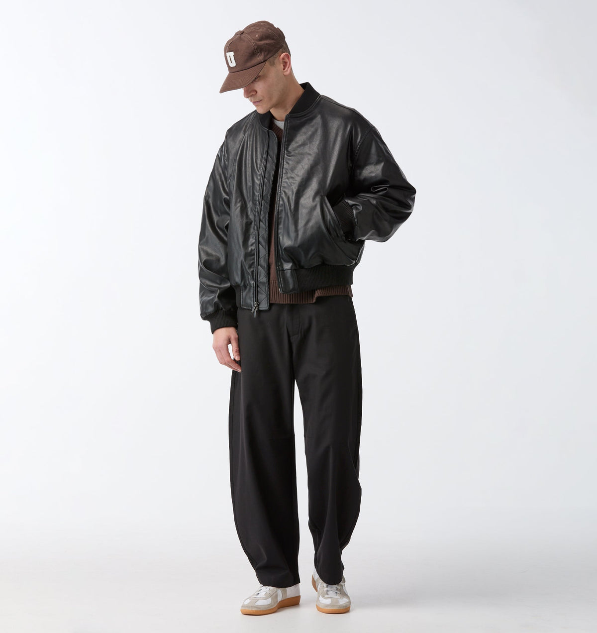 Faux Leather Bomber Jacket - Black