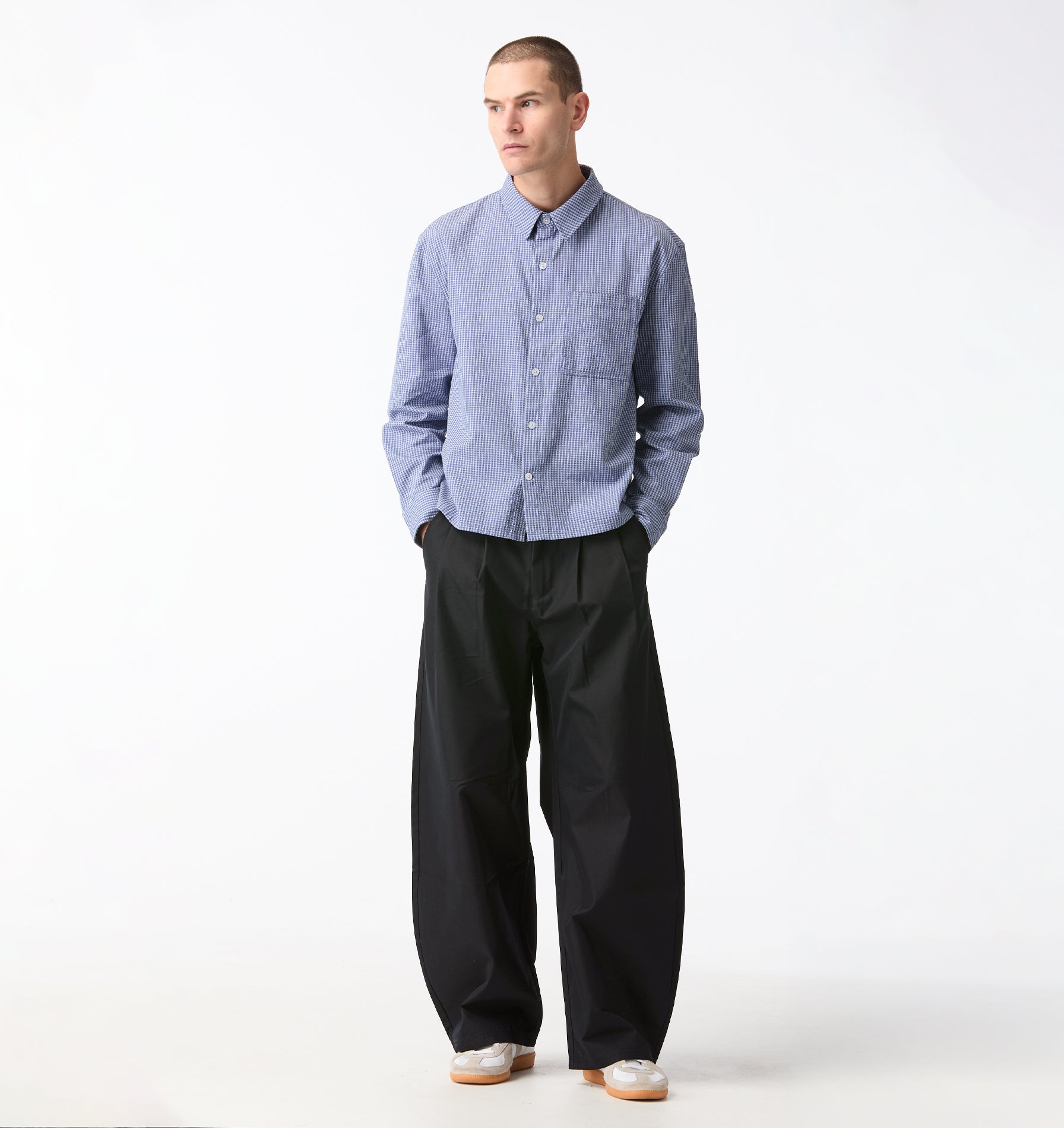 Crop LS Shirt - Light Blue Check