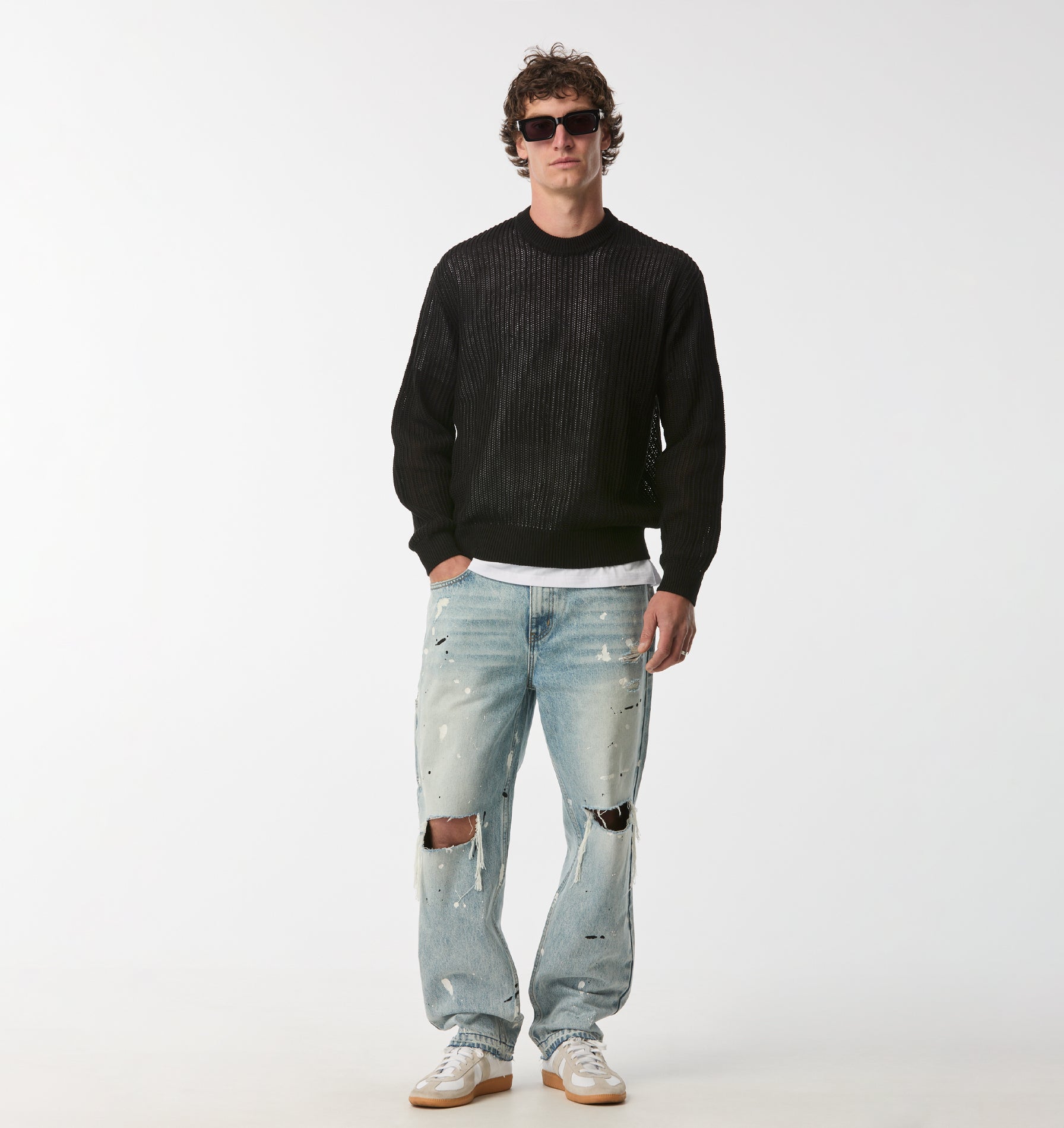 Mesh Cropped Knit Sweater - Black