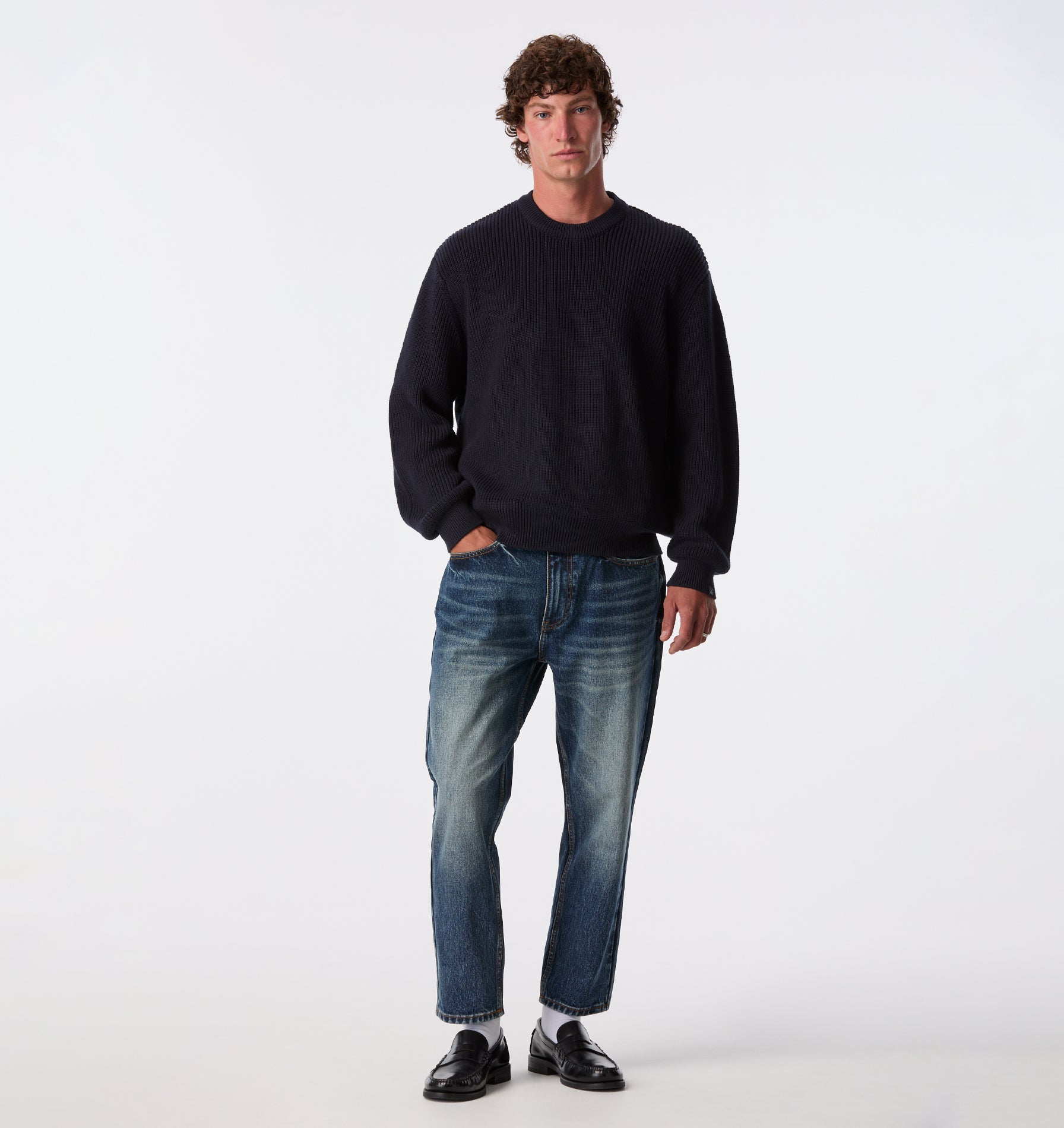 Cropped Knit Sweater - Navy