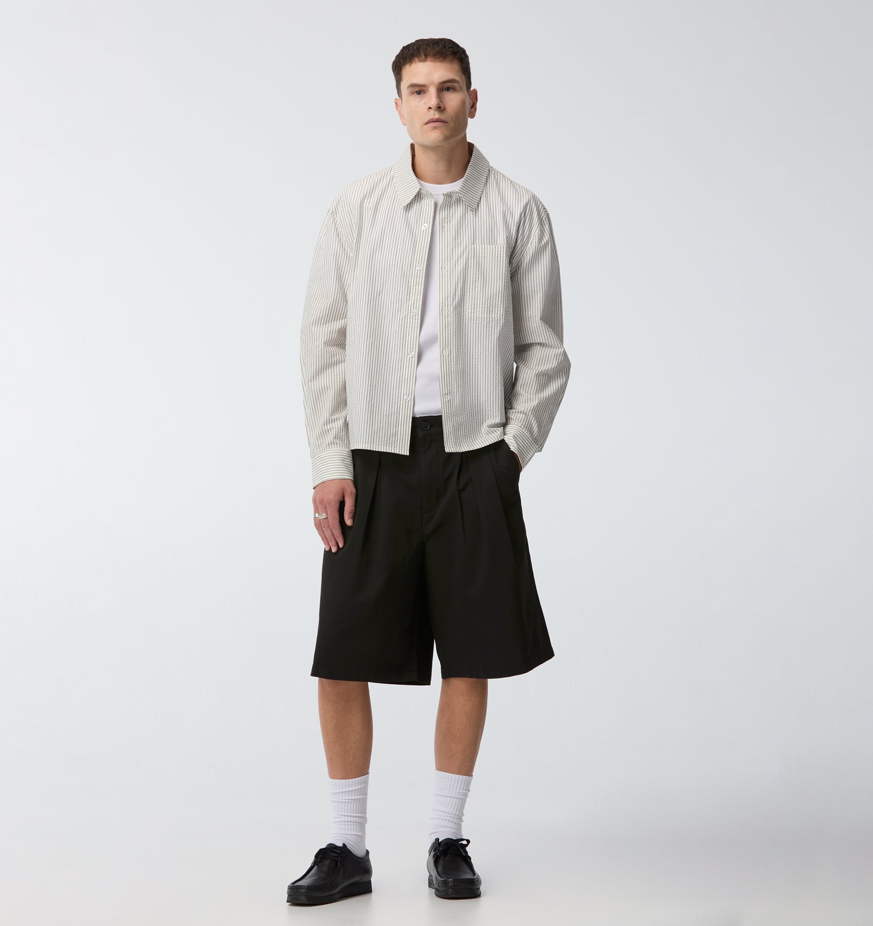 Crop LS Shirt - White/Black Stripe