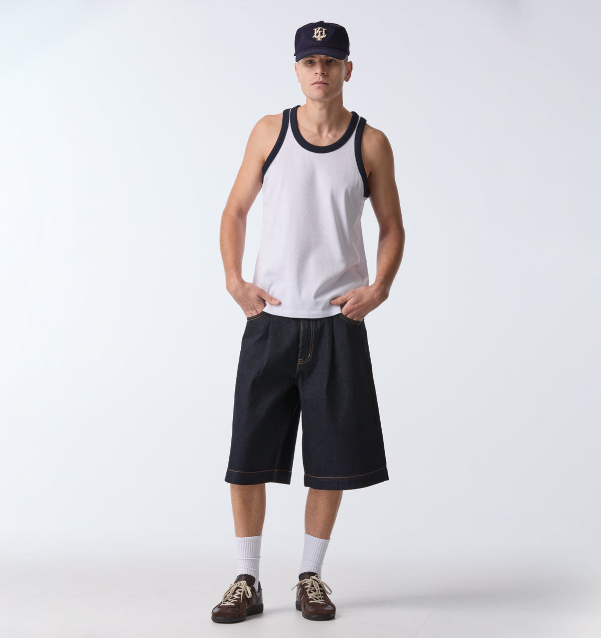 Ribbed Slim Tank - White/Navy