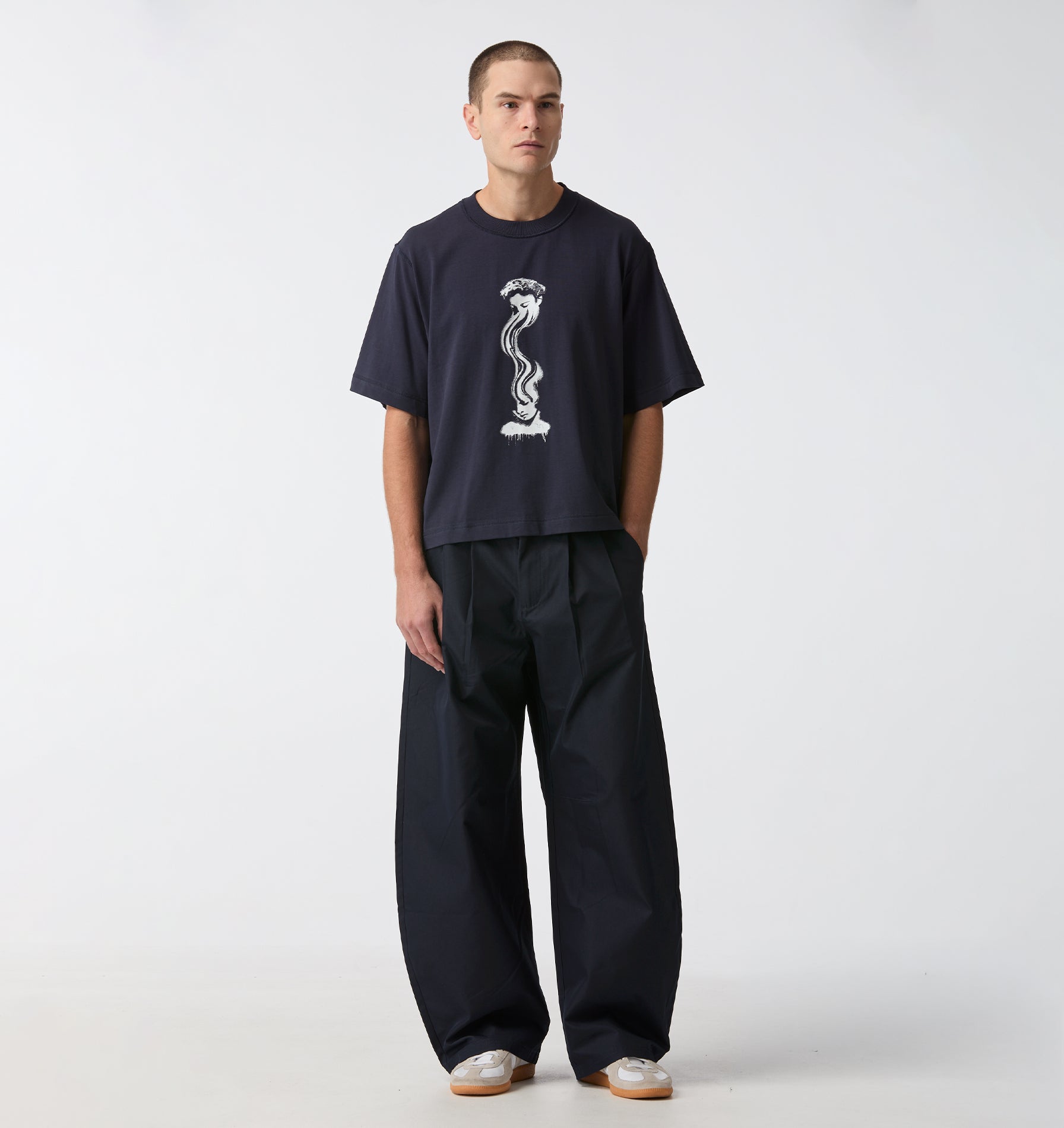 Warped Face Box Crop Tee - Washed Navy